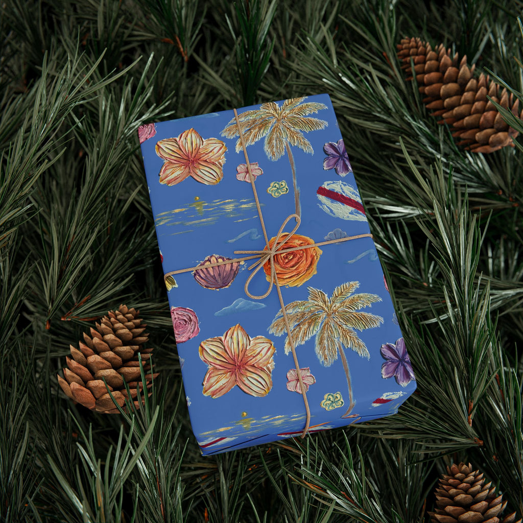 Tropical Floral Blue Gift Wrap — Hand-Painted Flowers & Petals Wrapping Paper