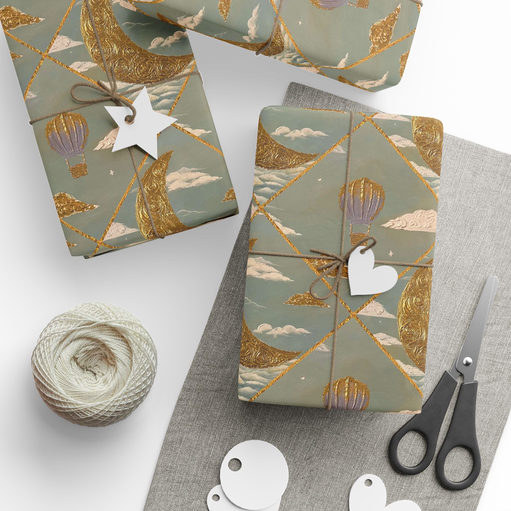 Gold Crescent Moon with Hot Air Balloon Decorative Wrapping Paper Roll — Elegant Metallic Gift Wrap for Showers & Holidays