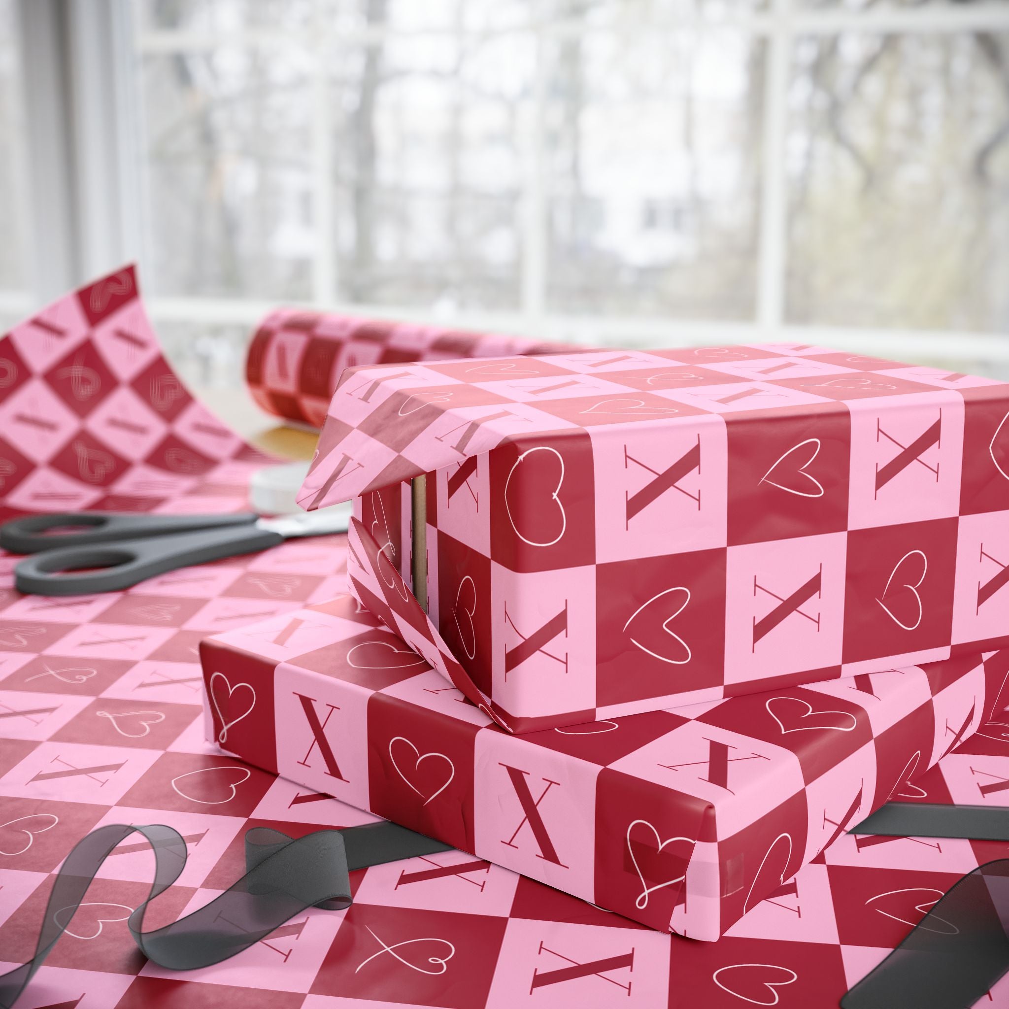 Romantic Valentine’s Wrapping Paper – Pink Checkerboard Design with X and Heart O Motif, Cute Modern Gift Wrap