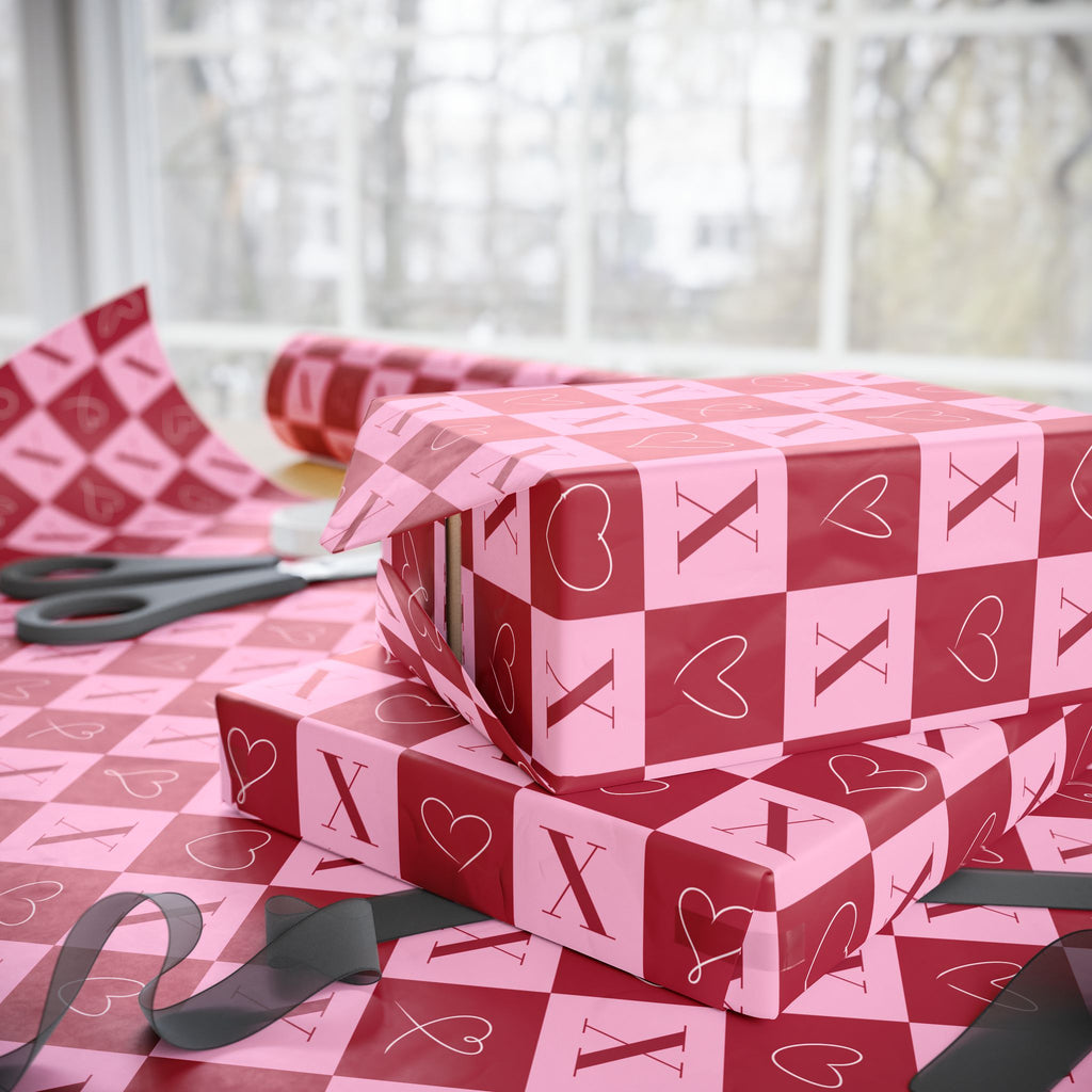Valentine’s Checkerboard Wrapping Paper Roll — Pink & Red Hearts with 'X' Pattern