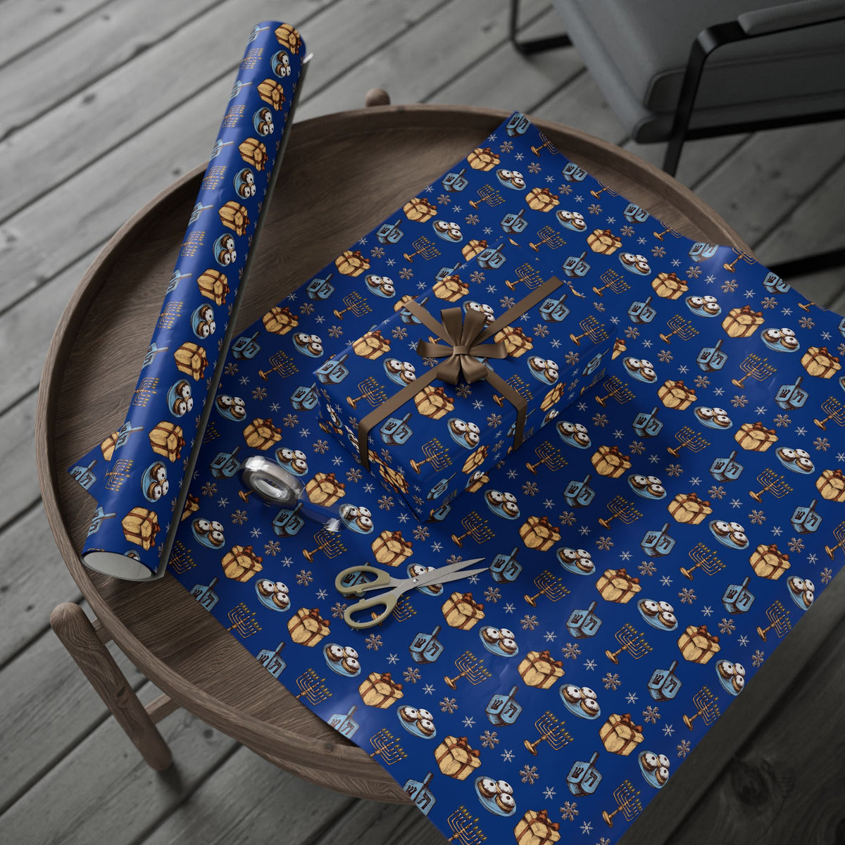Hanukkah, Dreidel and Menorah Pattern Wrapping Paper | Blue Holiday Wrap