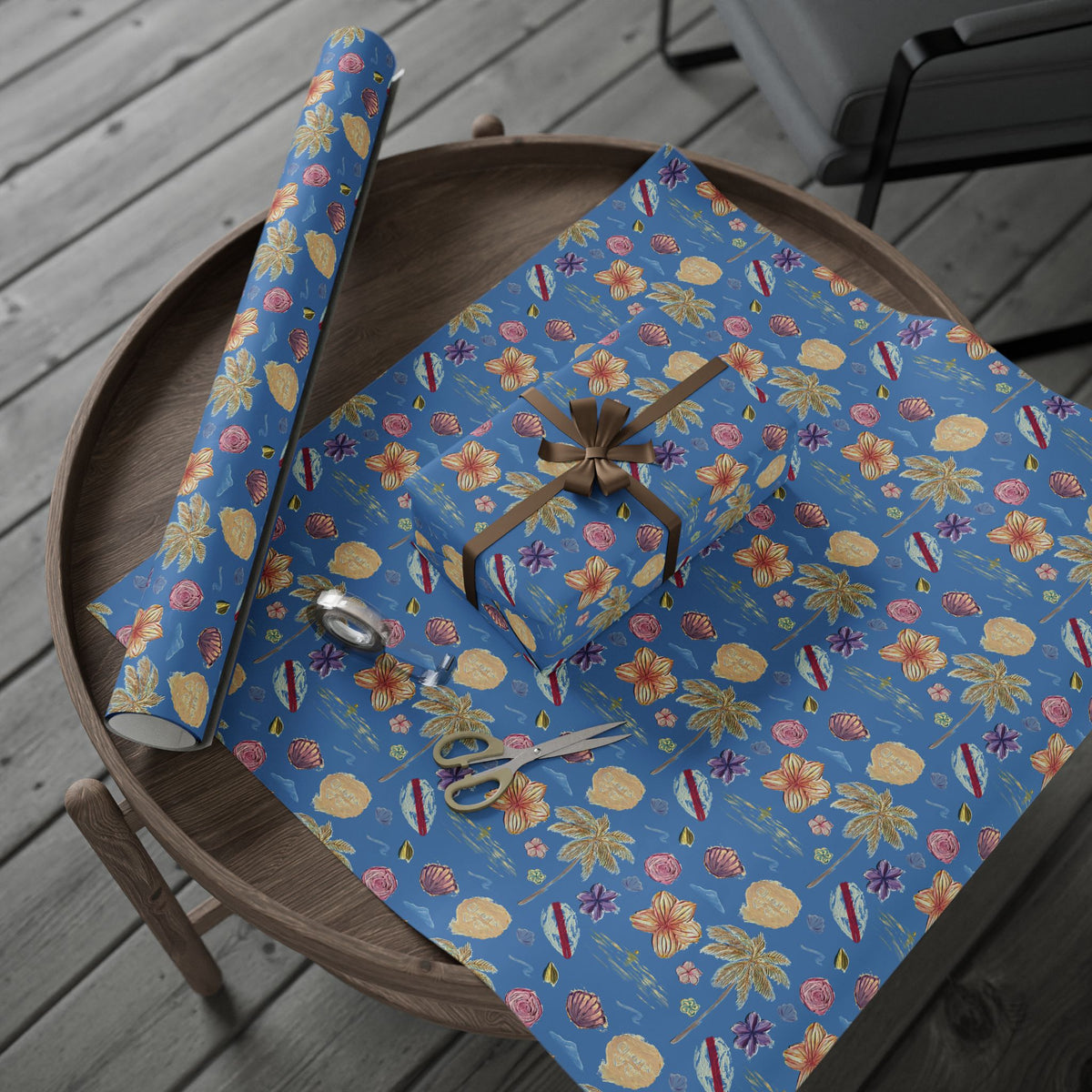 Tropical Floral Blue Gift Wrap, Hand-Painted Flowers & Petals Wrapping Paper