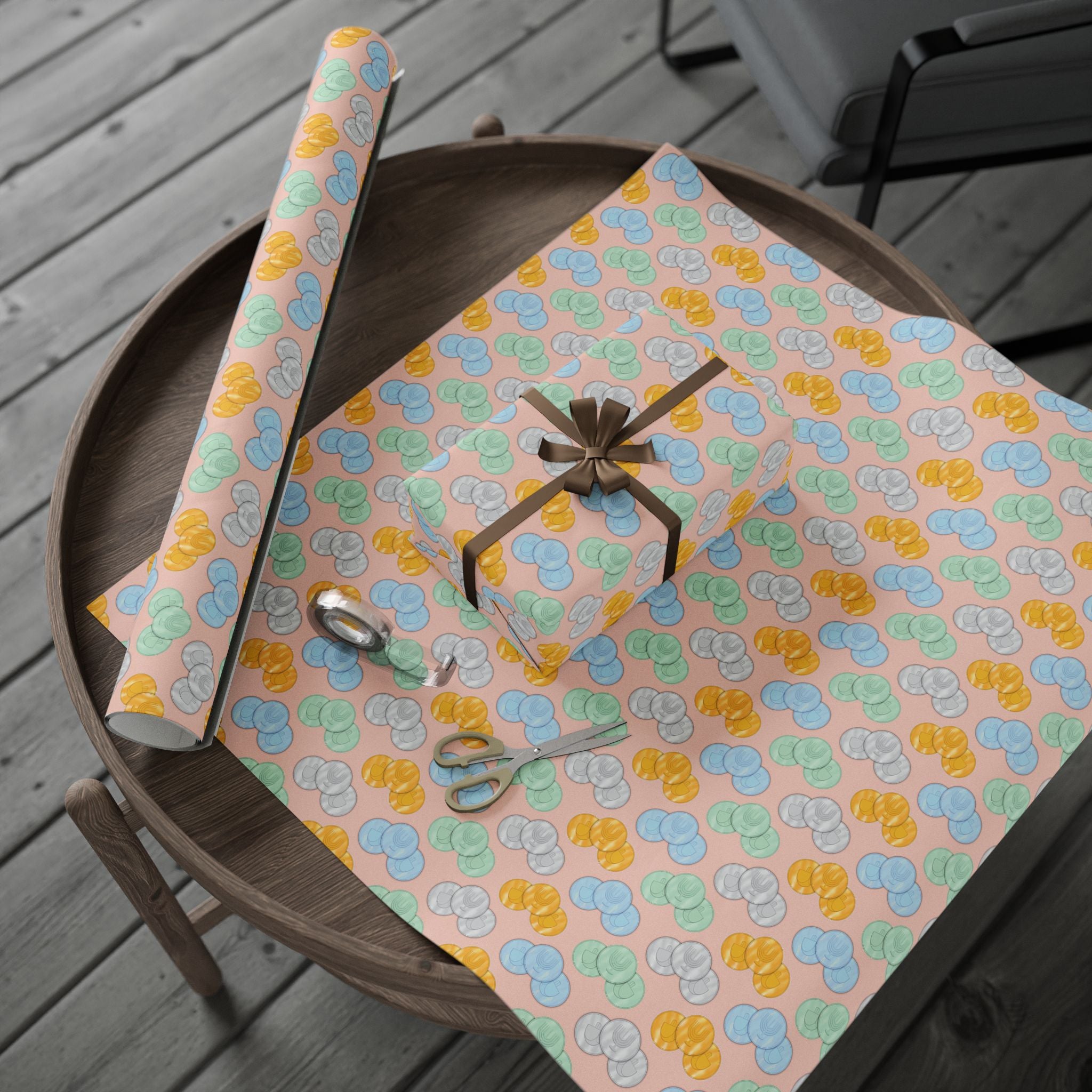 Pastel Pink Hanukkah Wrapping Paper, Hanukkah Gelt with Menorah & Dreidels