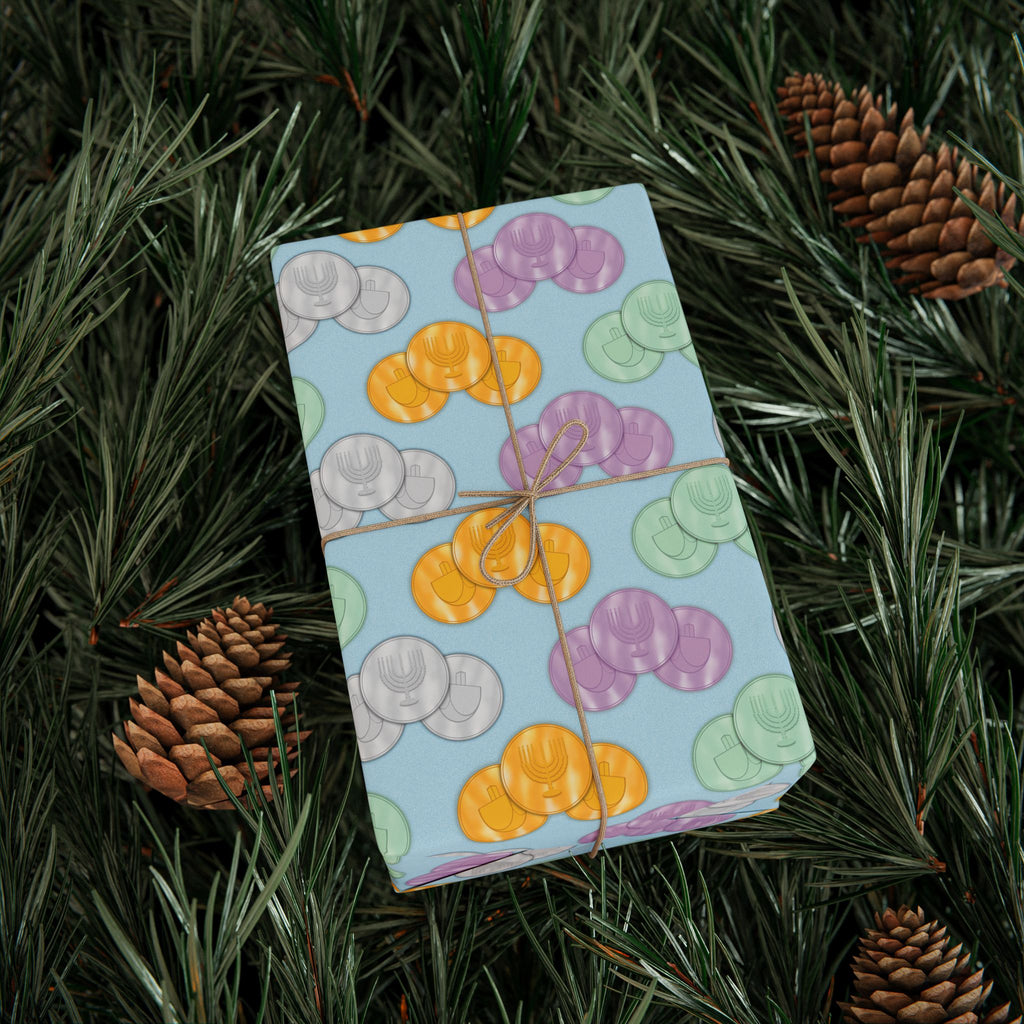 Pastel Blue Hanukkah Gelt Wrapping Paper - Blue and Purple Menorah & Dreidel Design Gift Wrap
