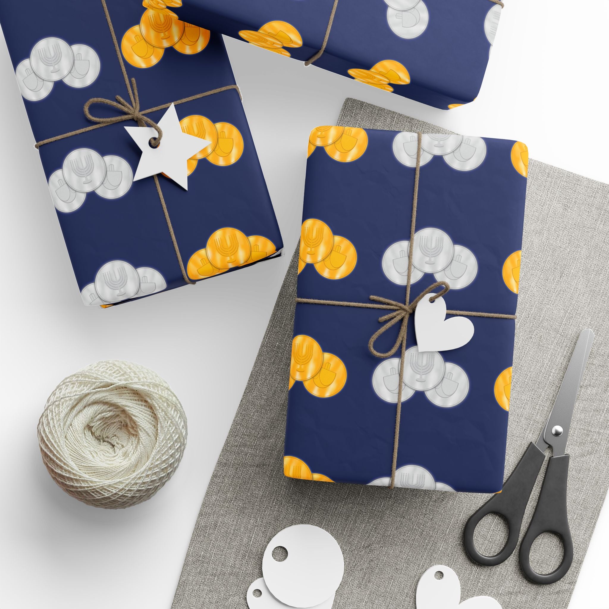 Navy Hanukkah Gelt Wrapping Paper Roll – Gold & Silver Gelt Gift Wrap with Sparkling Menorah and Dreidels