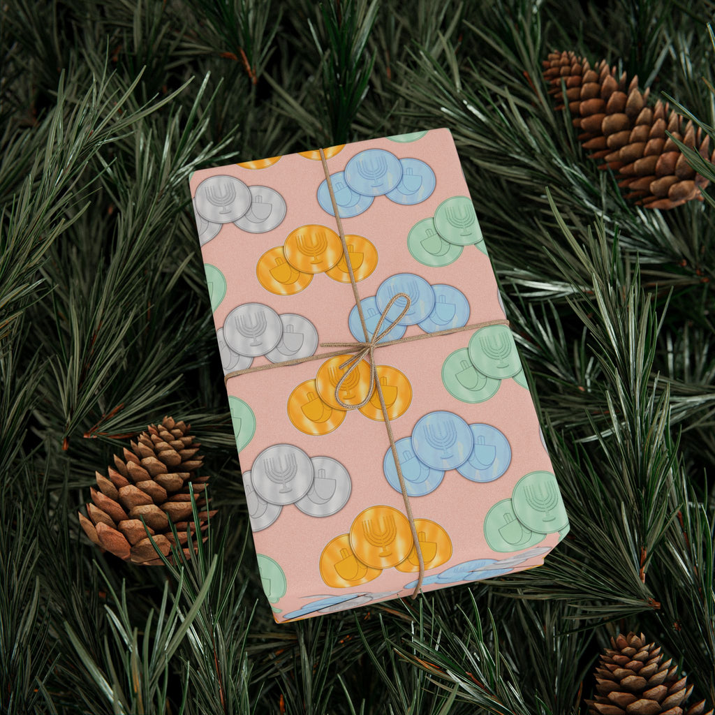 Pastel Pink Hanukkah Wrapping Paper, Hanukkah Gelt with Menorah & Dreidels