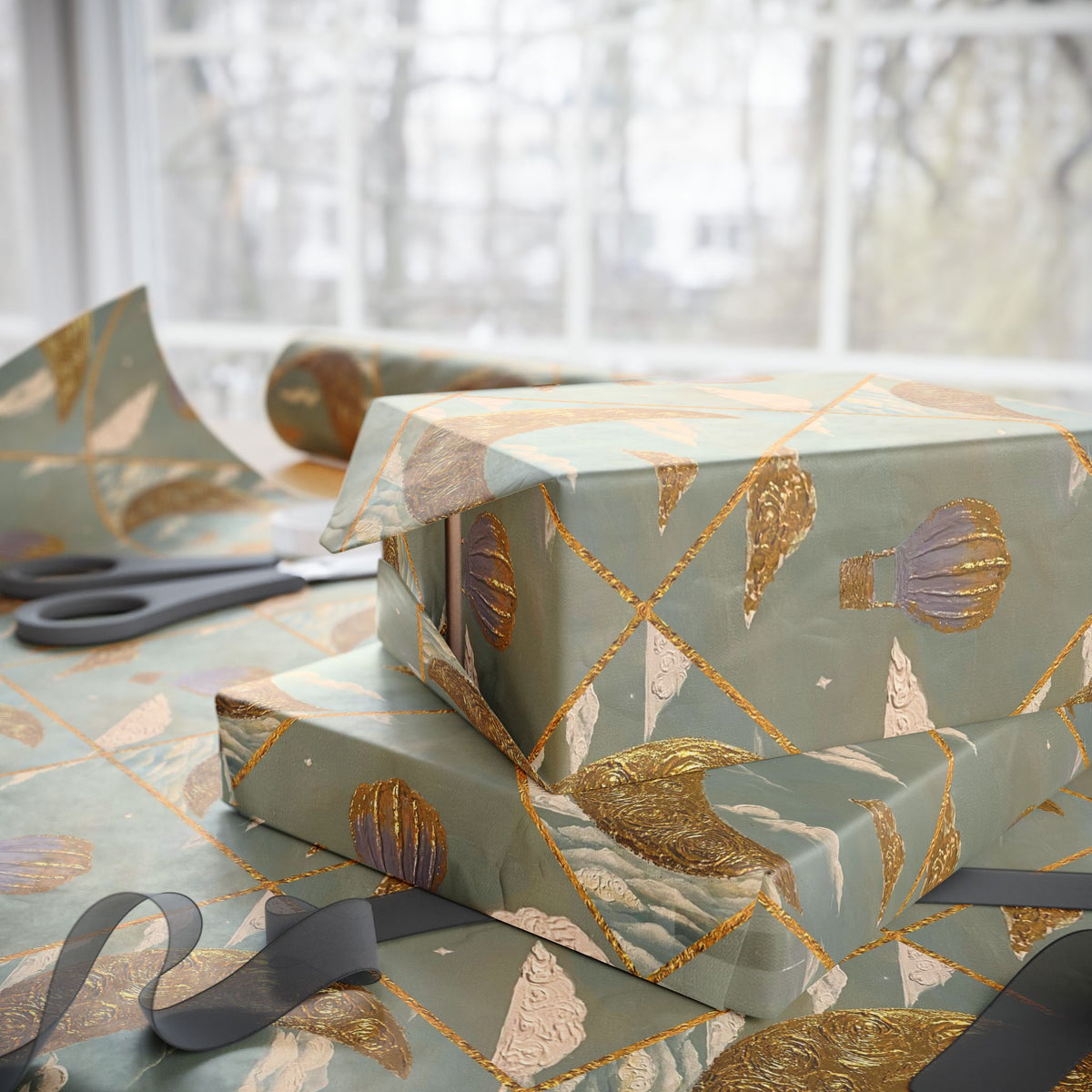 Gold Crescent Moon with Hot Air Balloon Decorative Wrapping Paper Roll, Elegant Gold Foil Gift Wrap for Showers & Holidays