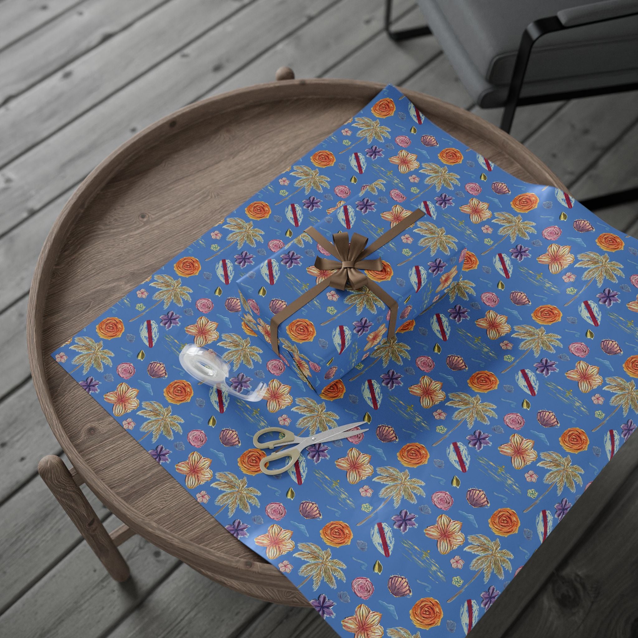 Tropical Floral Blue Gift Wrap — Hand-Painted Flowers & Petals Wrapping Paper