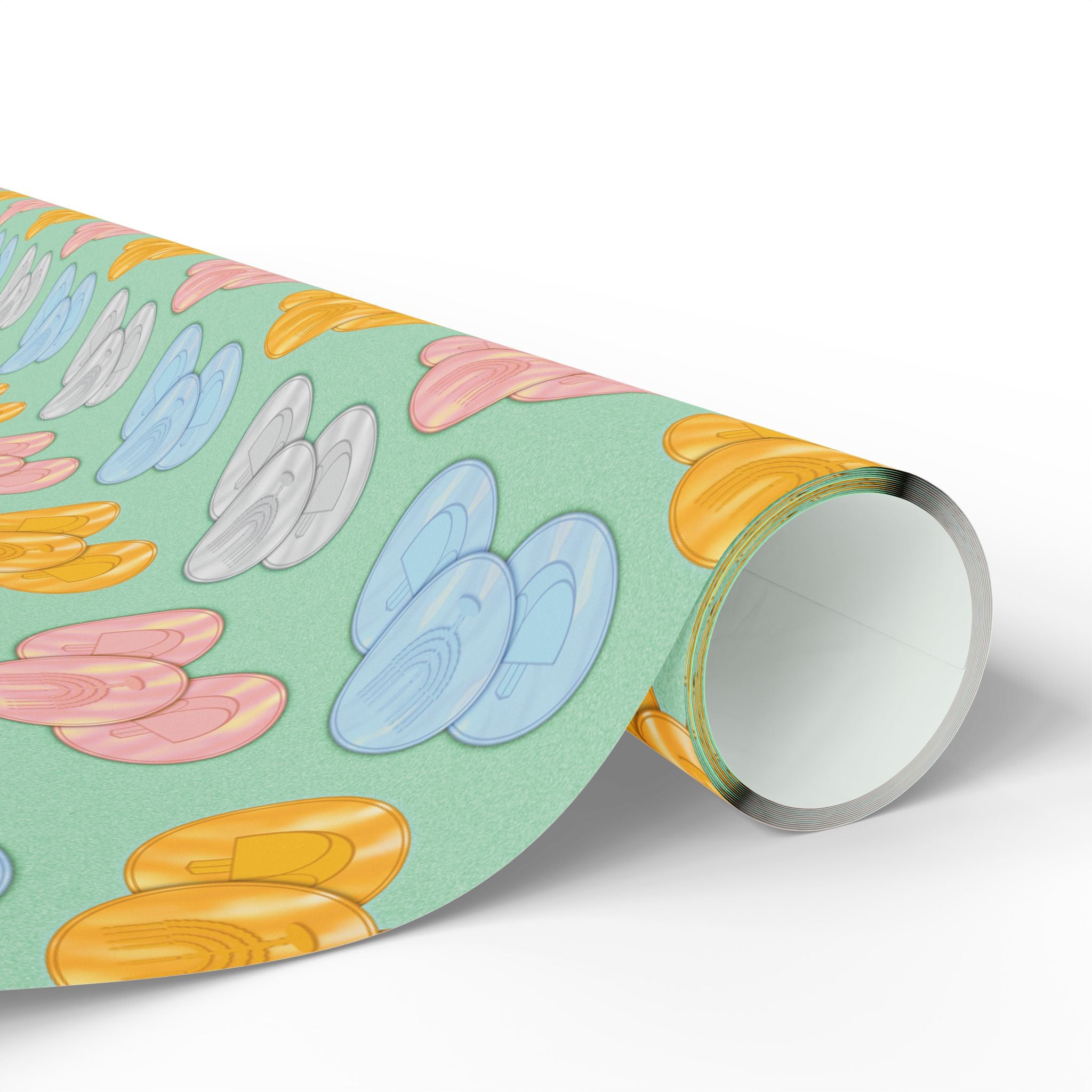 Pastel Green Hanukkah Gelt Pattern Wrapping Paper Roll — Pink and Green Gift Wrap