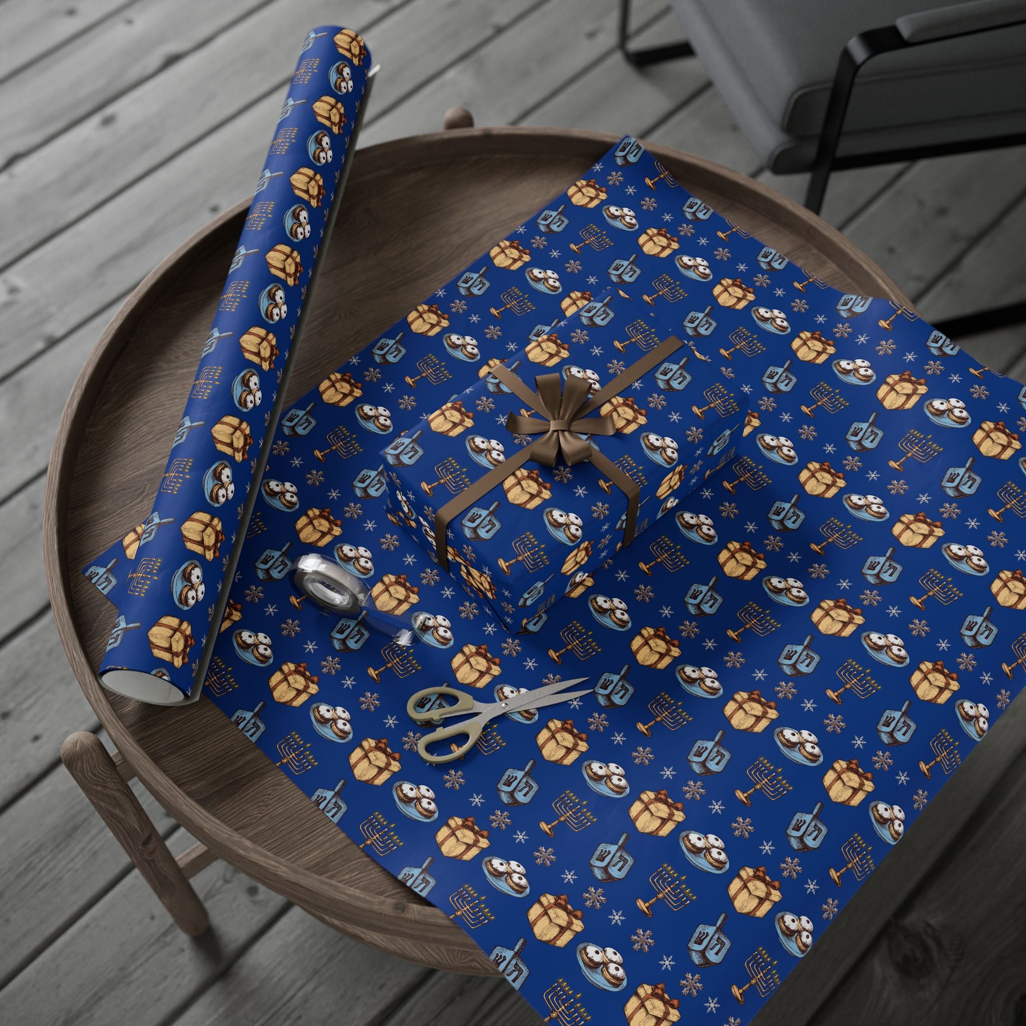 Hanukkah Dreidel and Menorah Pattern Wrapping Paper | Blue Holiday Wrap