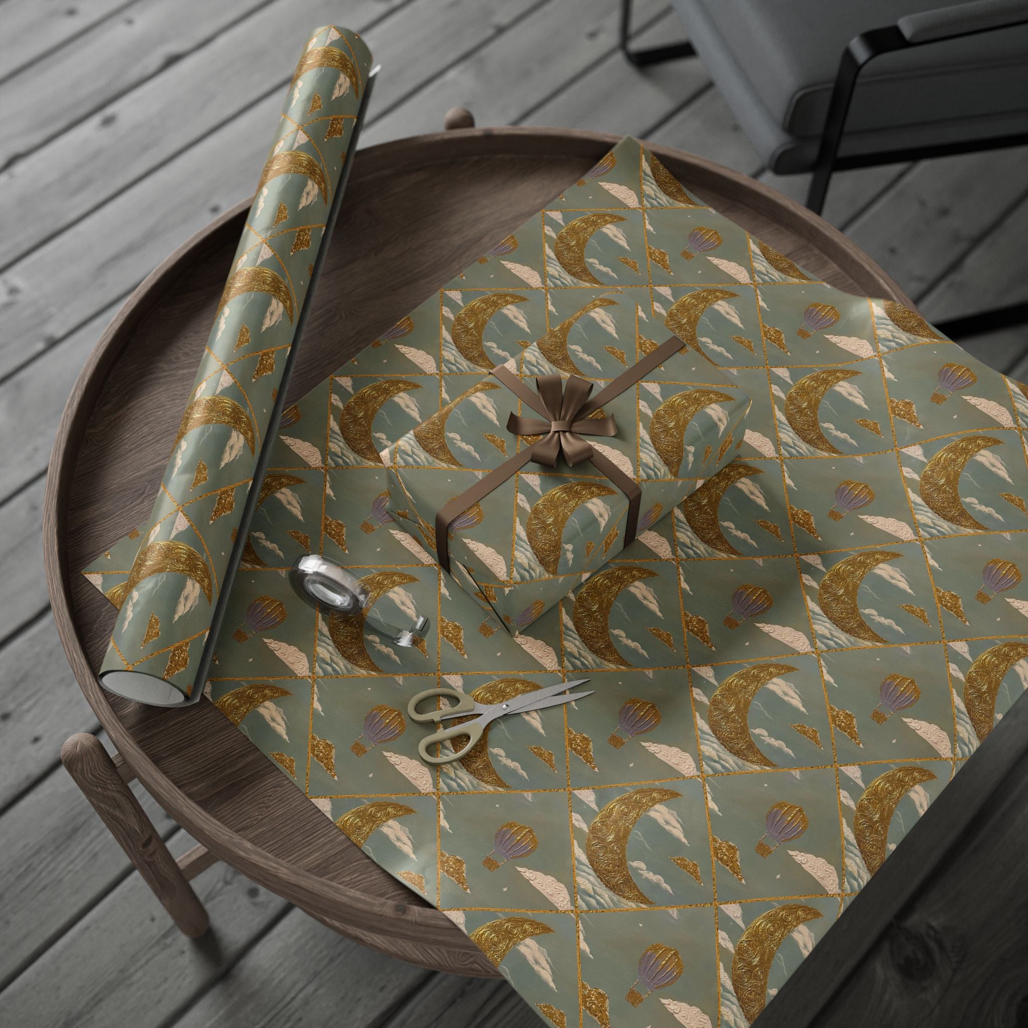 Gold Crescent Moon with Hot Air Balloon Decorative Wrapping Paper Roll — Elegant Metallic Gift Wrap for Showers & Holidays