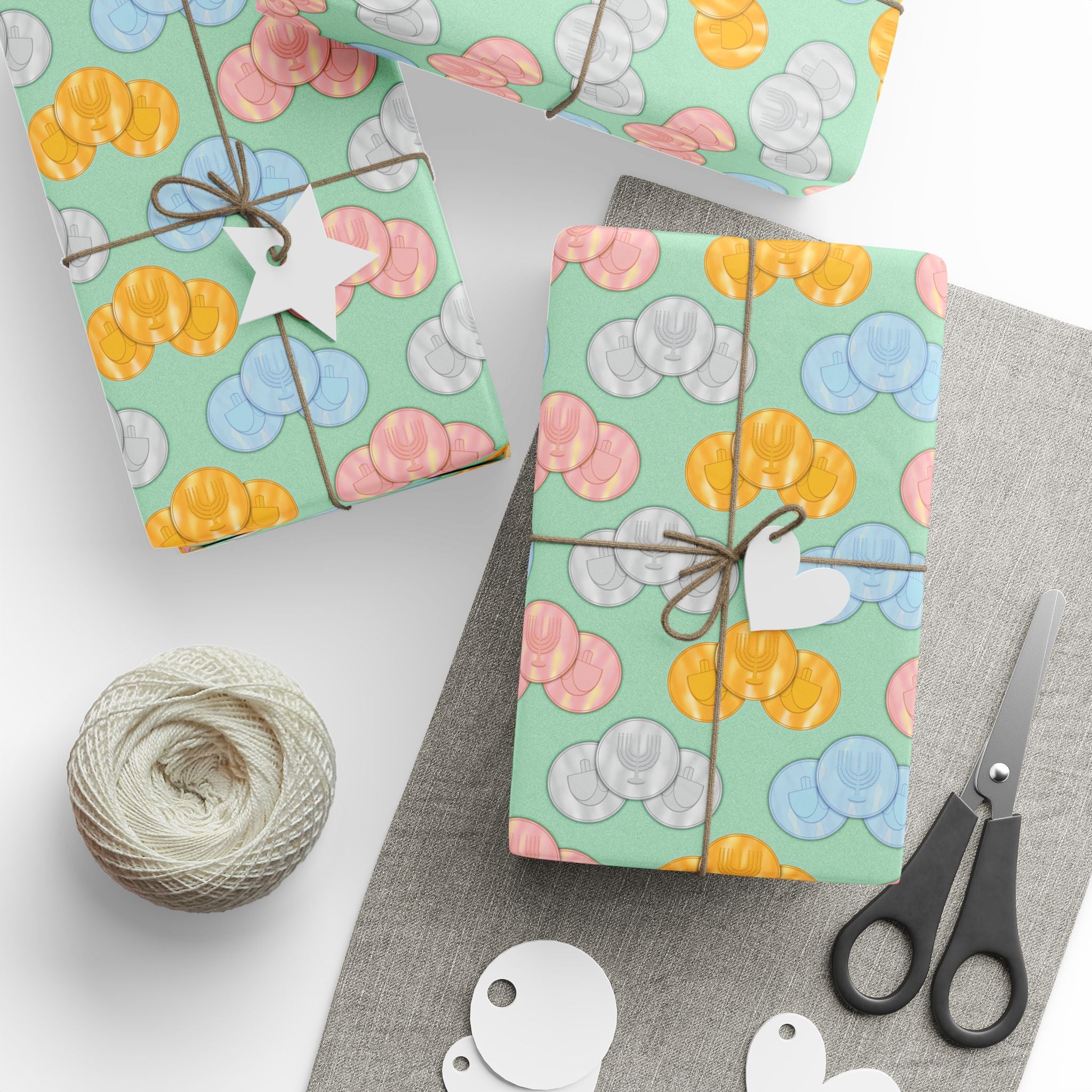 Pastel Green Hanukkah Gelt Pattern Wrapping Paper Roll — Pink and Green Gift Wrap