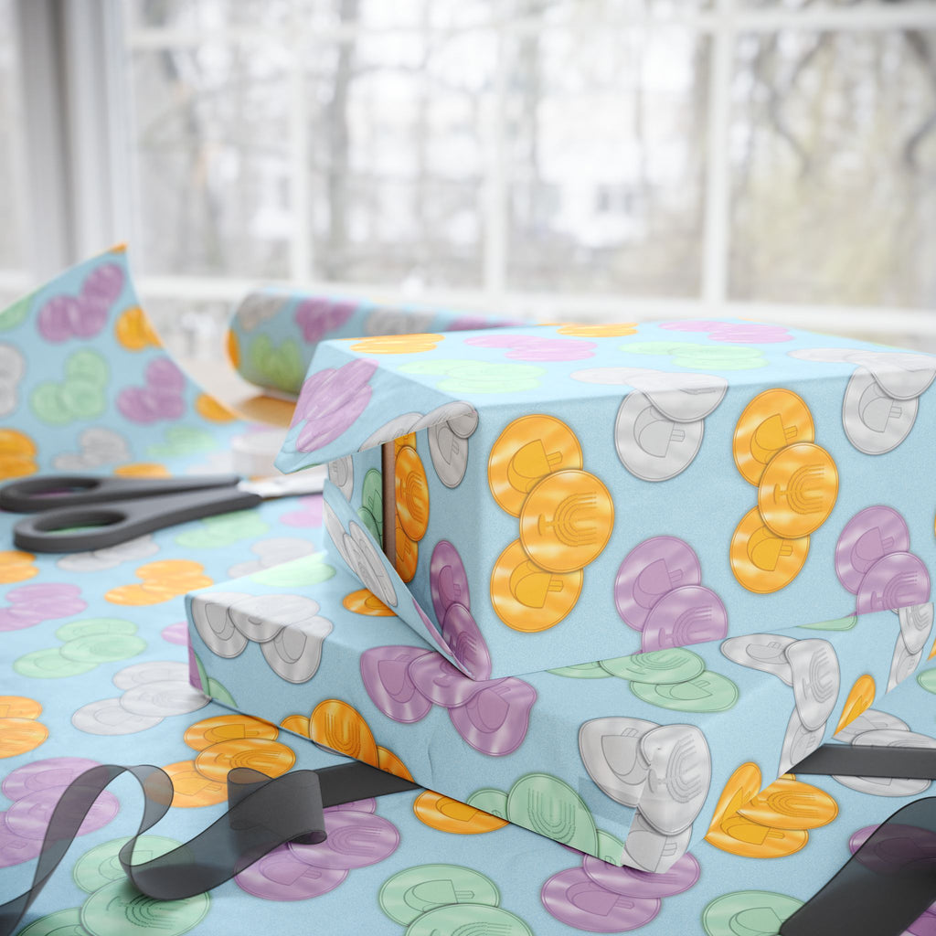 Pastel Blue Hanukkah Gelt Wrapping Paper - Blue and Purple Menorah & Dreidel Design Gift Wrap