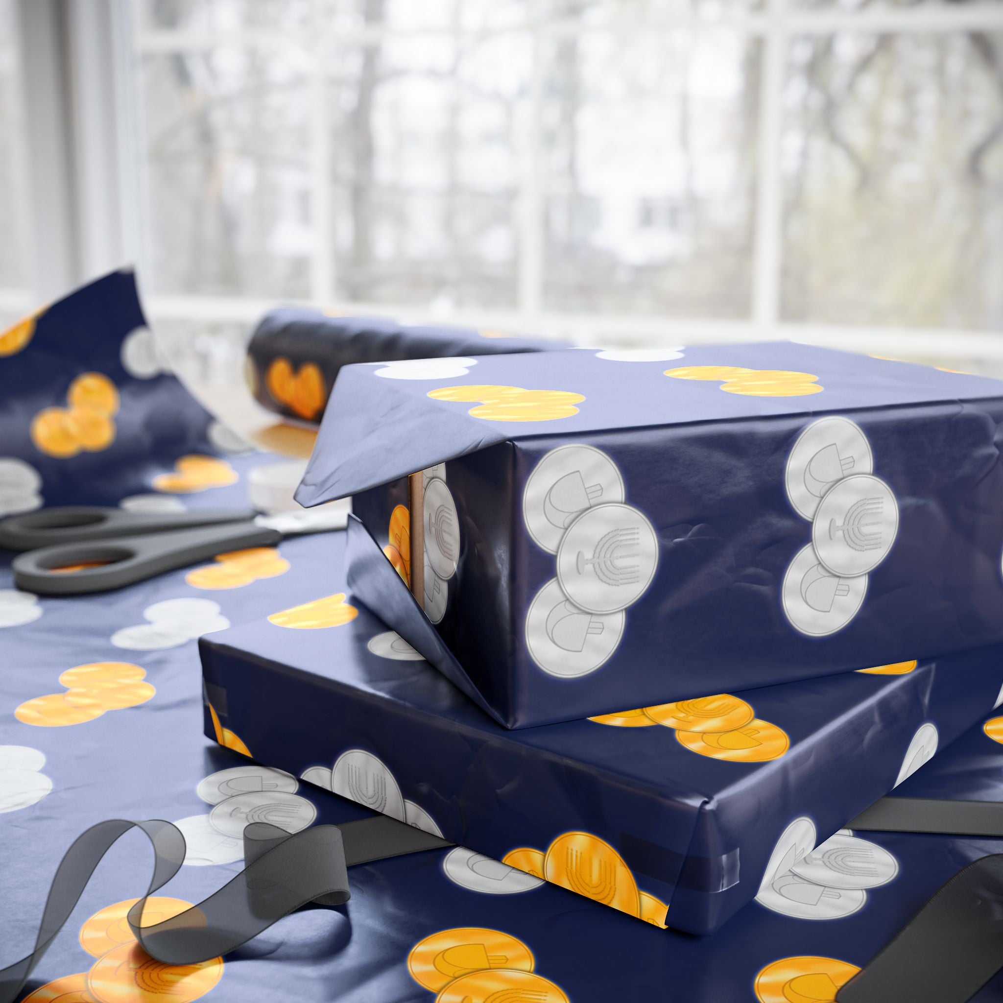 Navy Hanukkah Gelt Wrapping Paper Roll – Gold & Silver Gelt Gift Wrap with Sparkling Menorah and Dreidels