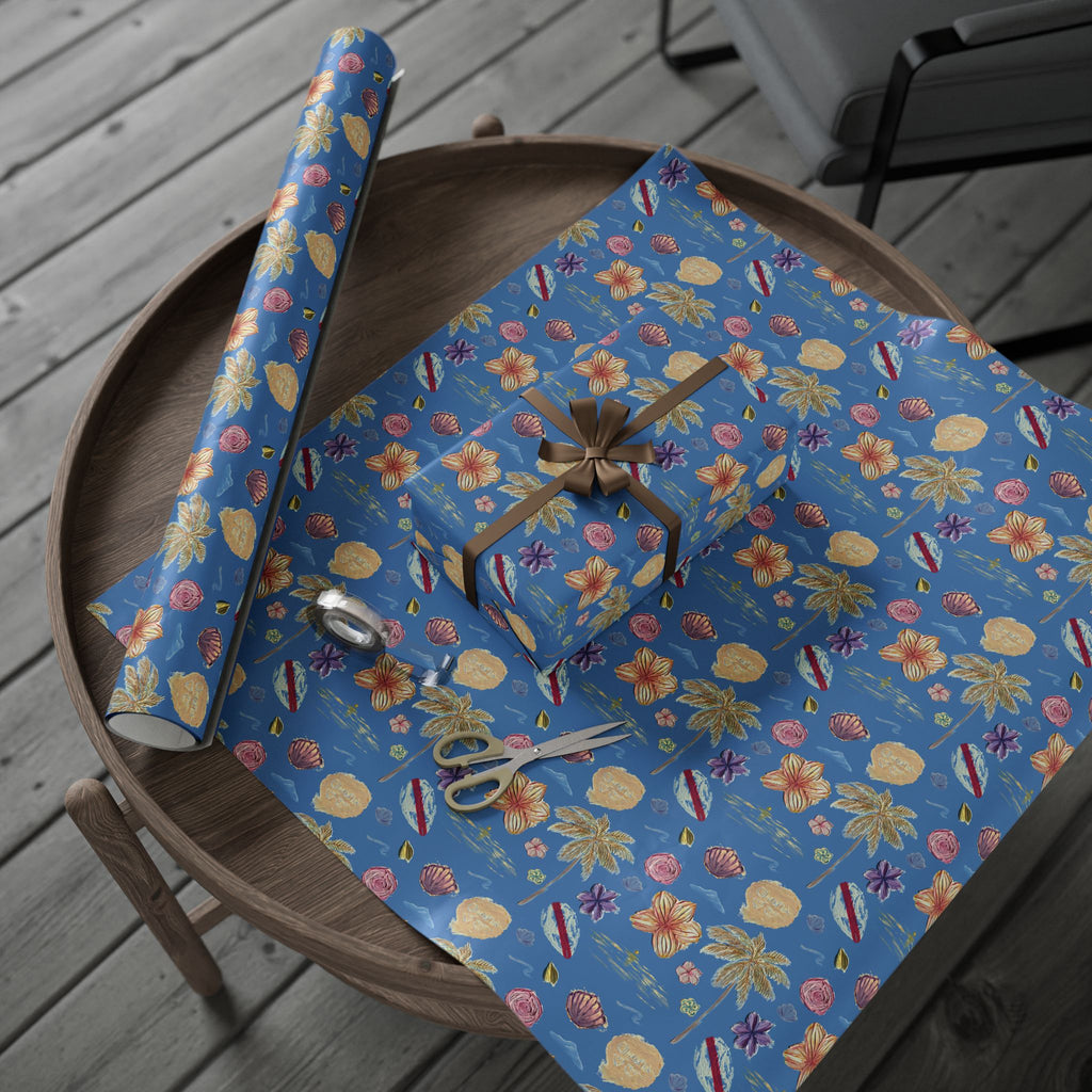 Tropical Floral Blue Gift Wrap, Hand-Painted Flowers & Petals Wrapping Paper