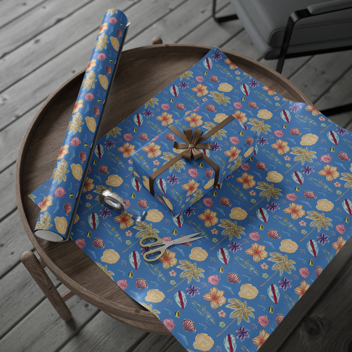 Tropical Floral Blue Gift Wrap, Hand-Painted Flowers & Petals Wrapping Paper