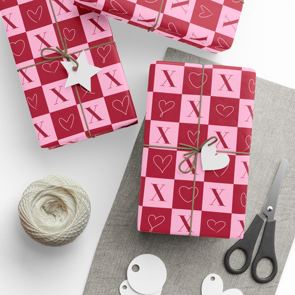 Valentine’s Checkerboard Wrapping Paper Roll — Pink & Red Hearts with 'X' Pattern