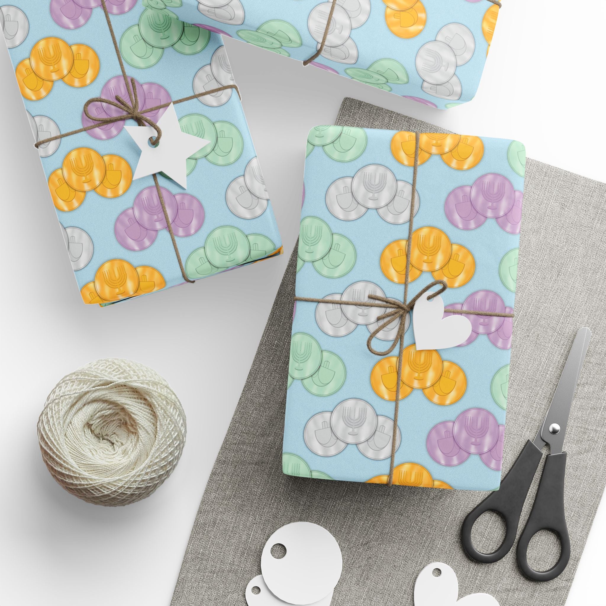 Pastel Blue Hanukkah Gelt Wrapping Paper, Menorah & Dreidel Design