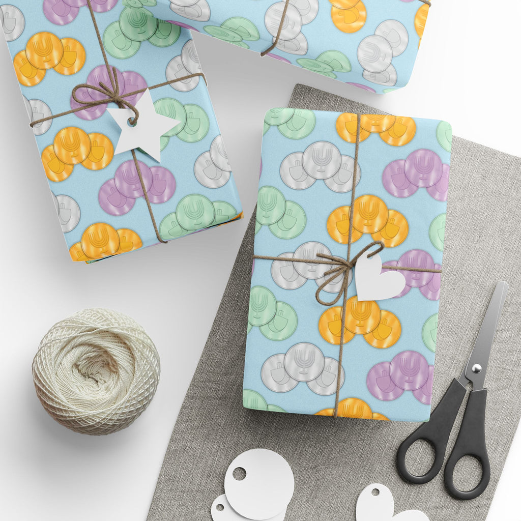 Pastel Blue Hanukkah Gelt Wrapping Paper, Menorah & Dreidel Design