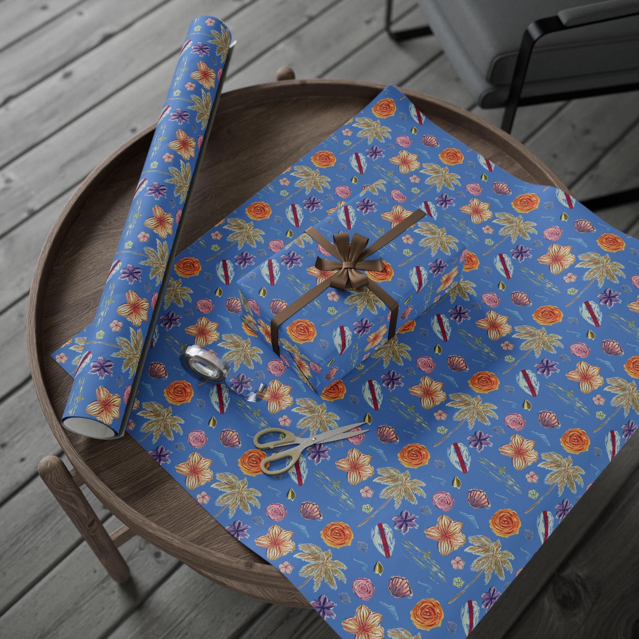 Tropical Floral Blue Gift Wrap — Hand-Painted Flowers & Petals Wrapping Paper