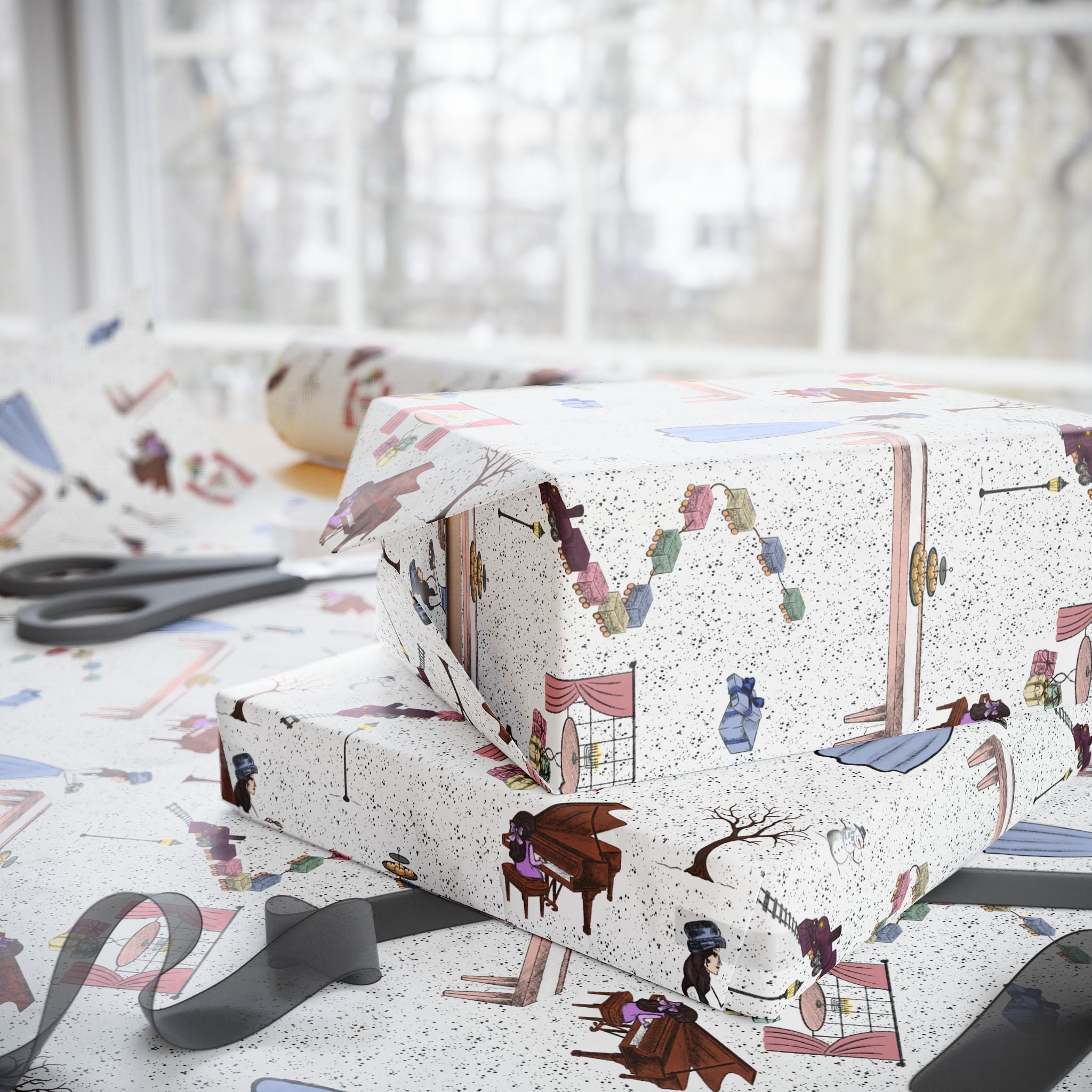 Hanukkah Wrapping Paper – Whimsical Family Scene Gift Wrap “Awaiting Guests”