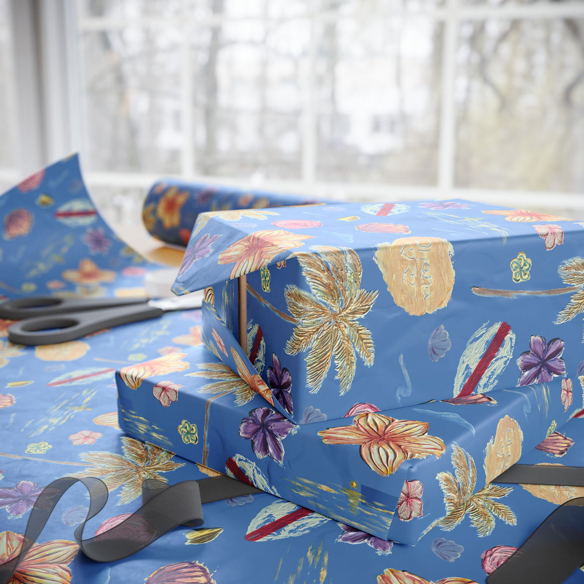 Tropical Floral Blue Gift Wrap, Hand-Painted Flowers & Petals Wrapping Paper