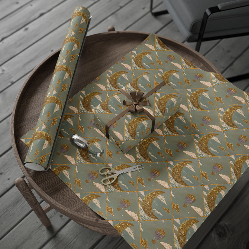 Gold Crescent Moon with Hot Air Balloon Decorative Wrapping Paper Roll, Elegant Gold Foil Gift Wrap for Showers & Holidays