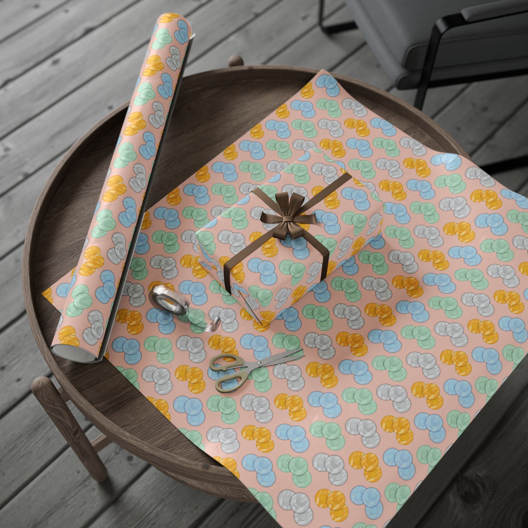 Pastel Pink Hanukkah Wrapping Paper, Hanukkah Gelt with Menorah & Dreidels