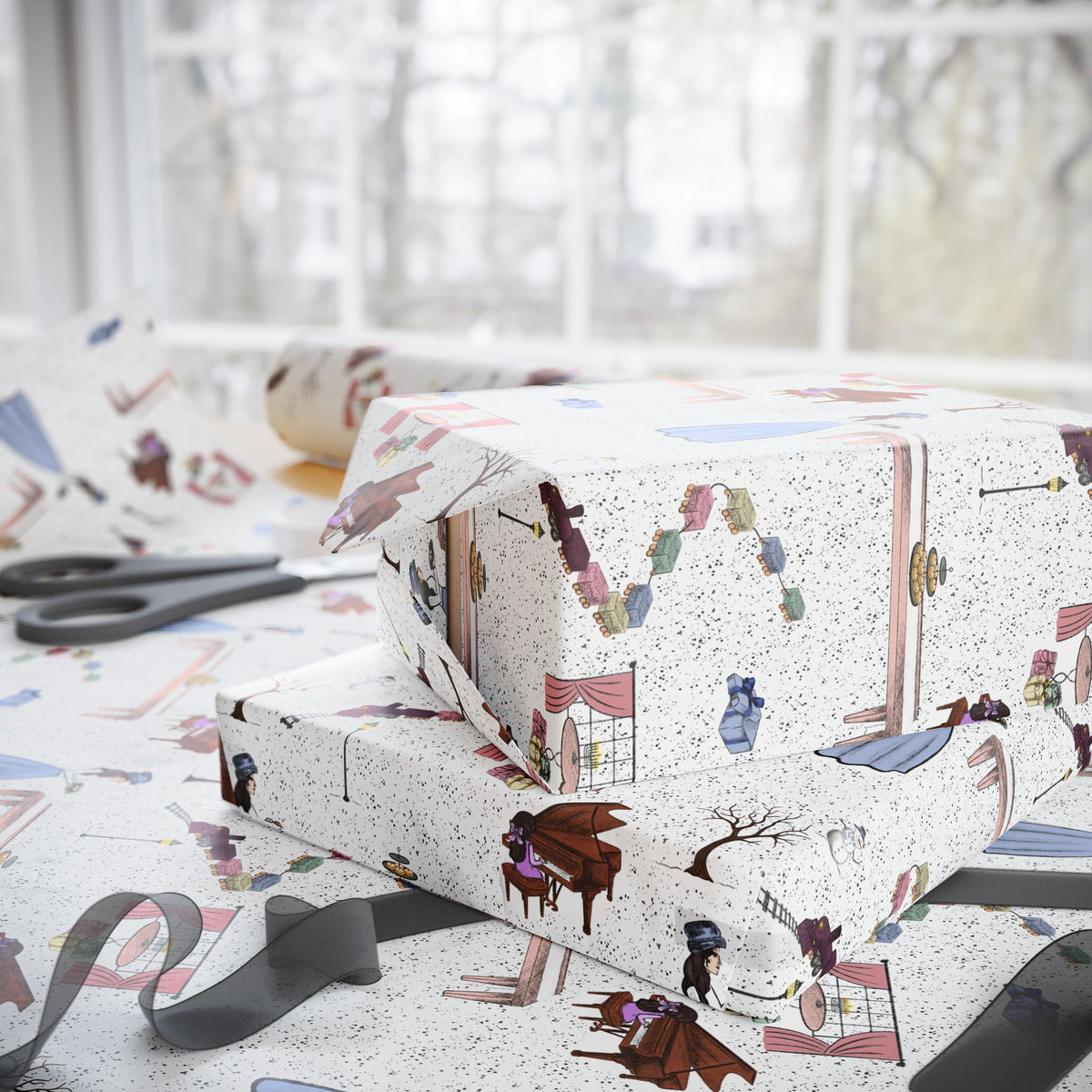Awaiting Guests, Hanukkah Wrapping Paper Whimsical Family Scene, Colorful Gift Wrap