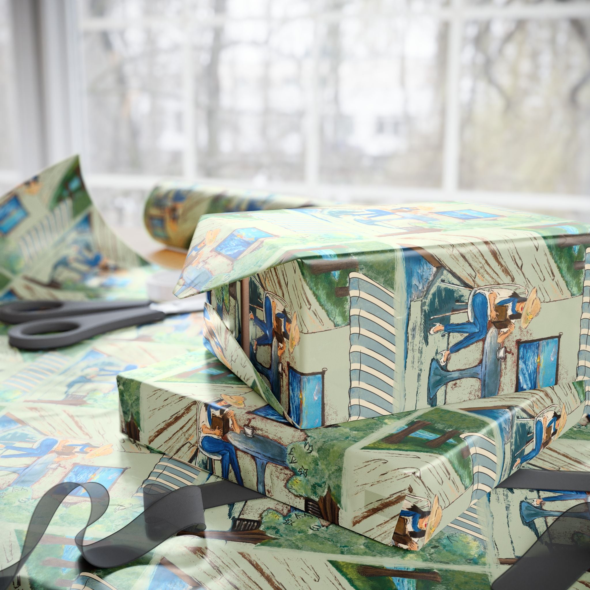 Countryside Cafe Wrapping Paper — Coastal Porch Pattern Gift Wrap (Beach House, Vacation Theme)