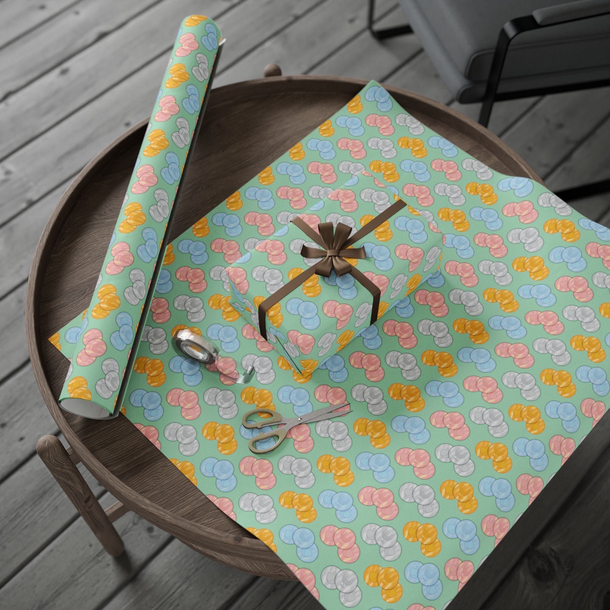 Pastel Green Hanukkah Gelt Pattern Wrapping Paper Roll — Pink and Green Gift Wrap