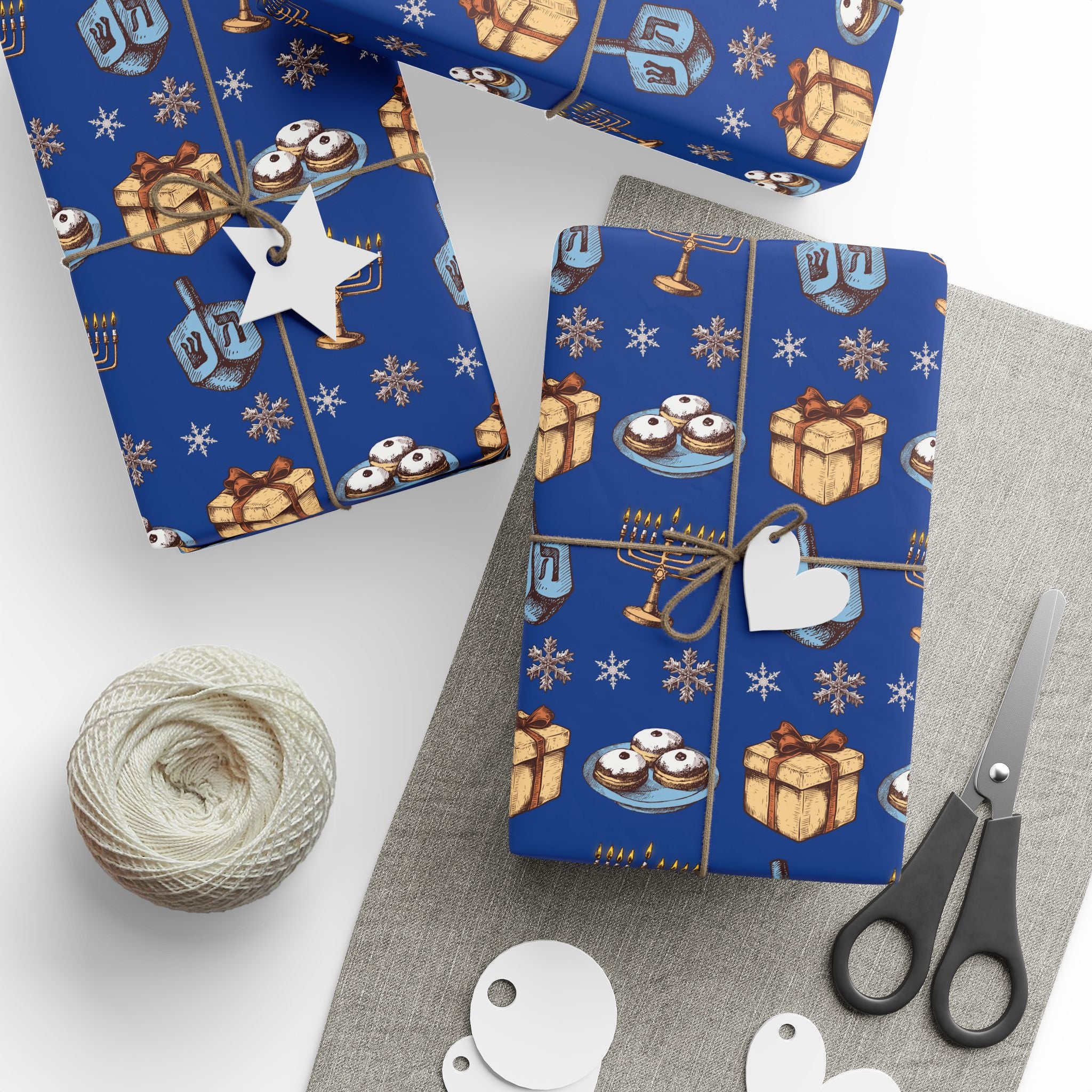 Hanukkah Dreidel and Menorah Pattern Wrapping Paper | Blue Holiday Wrap