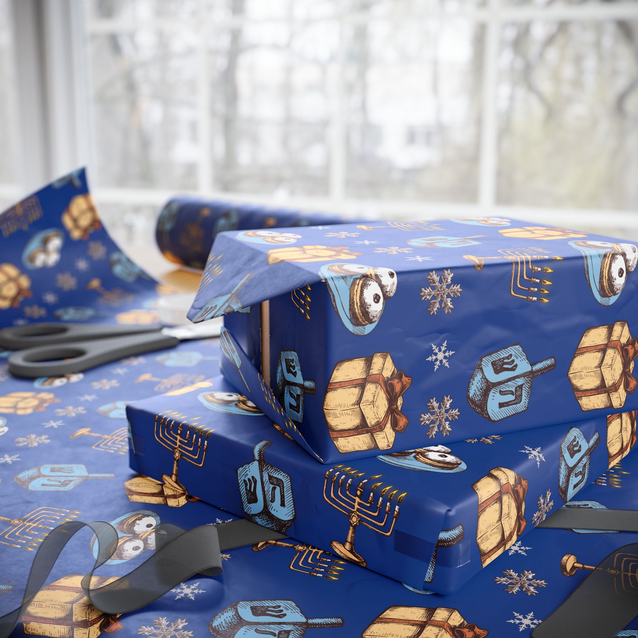 Hanukkah Dreidel and Menorah Pattern Wrapping Paper | Blue Holiday Wrap