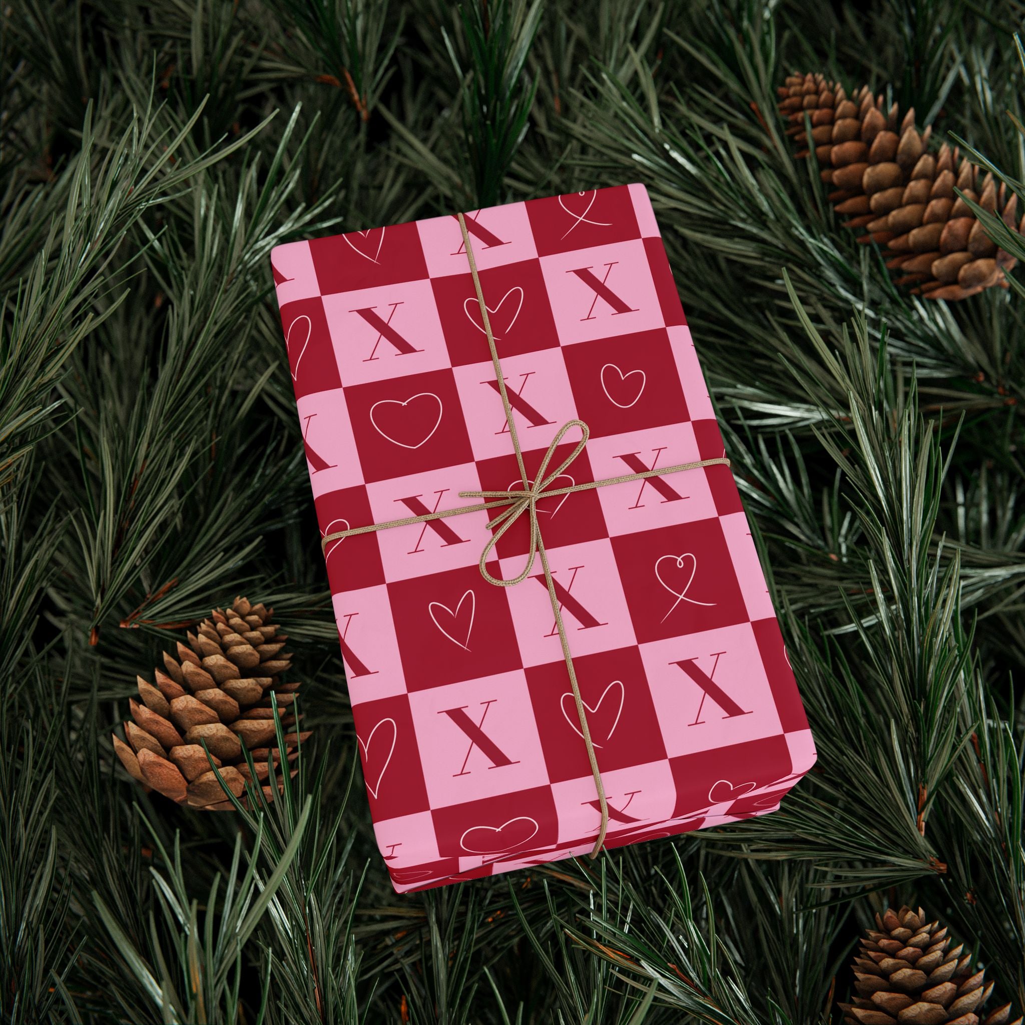 Valentine’s Day Wrapping Paper – Pink Checkerboard Gift Wrap with X and Heart O Pattern, Romantic Modern Design