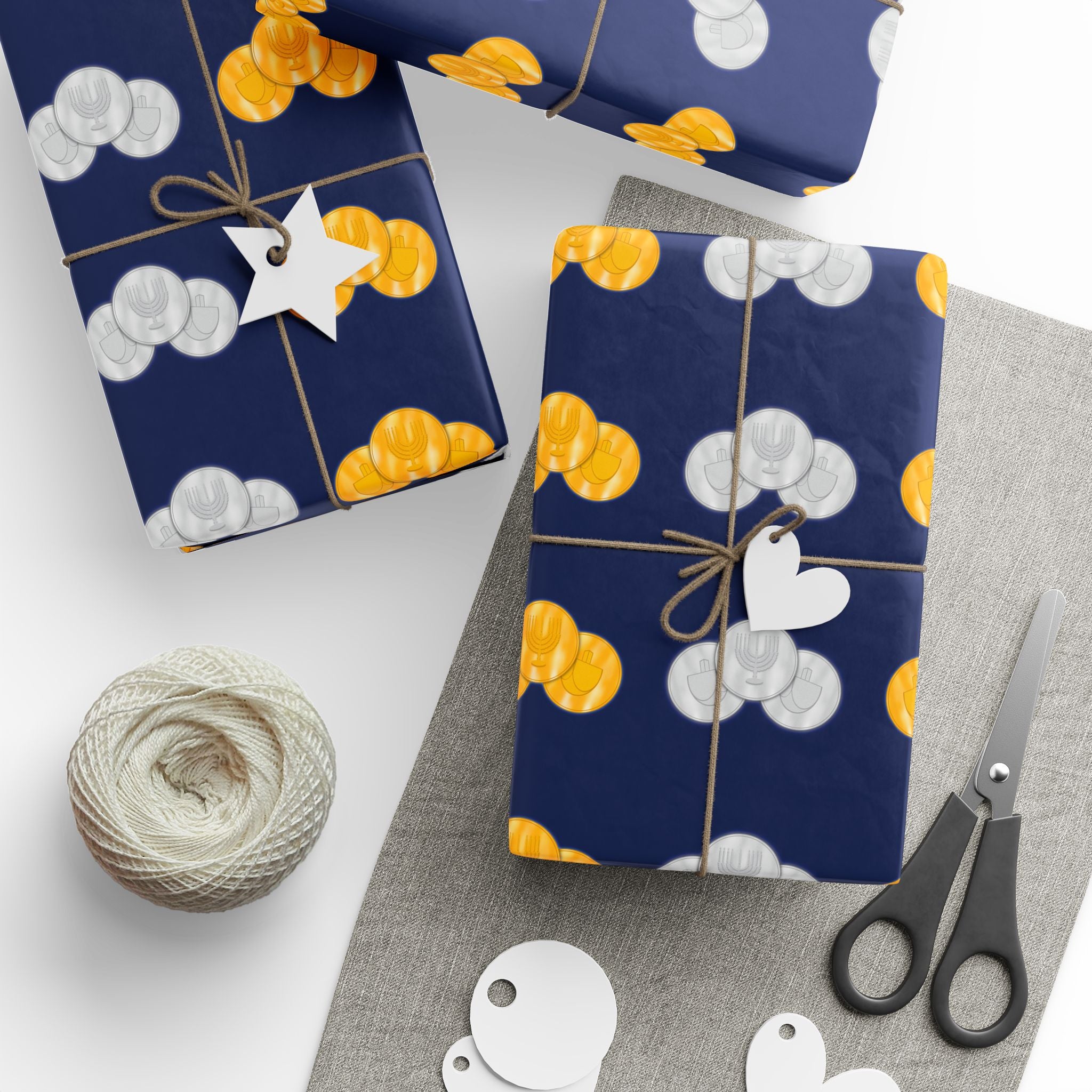 Navy Hanukkah Gelt Wrapping Paper Roll – Gold & Silver Gelt Gift Wrap with Sparkling Menorah and Dreidels