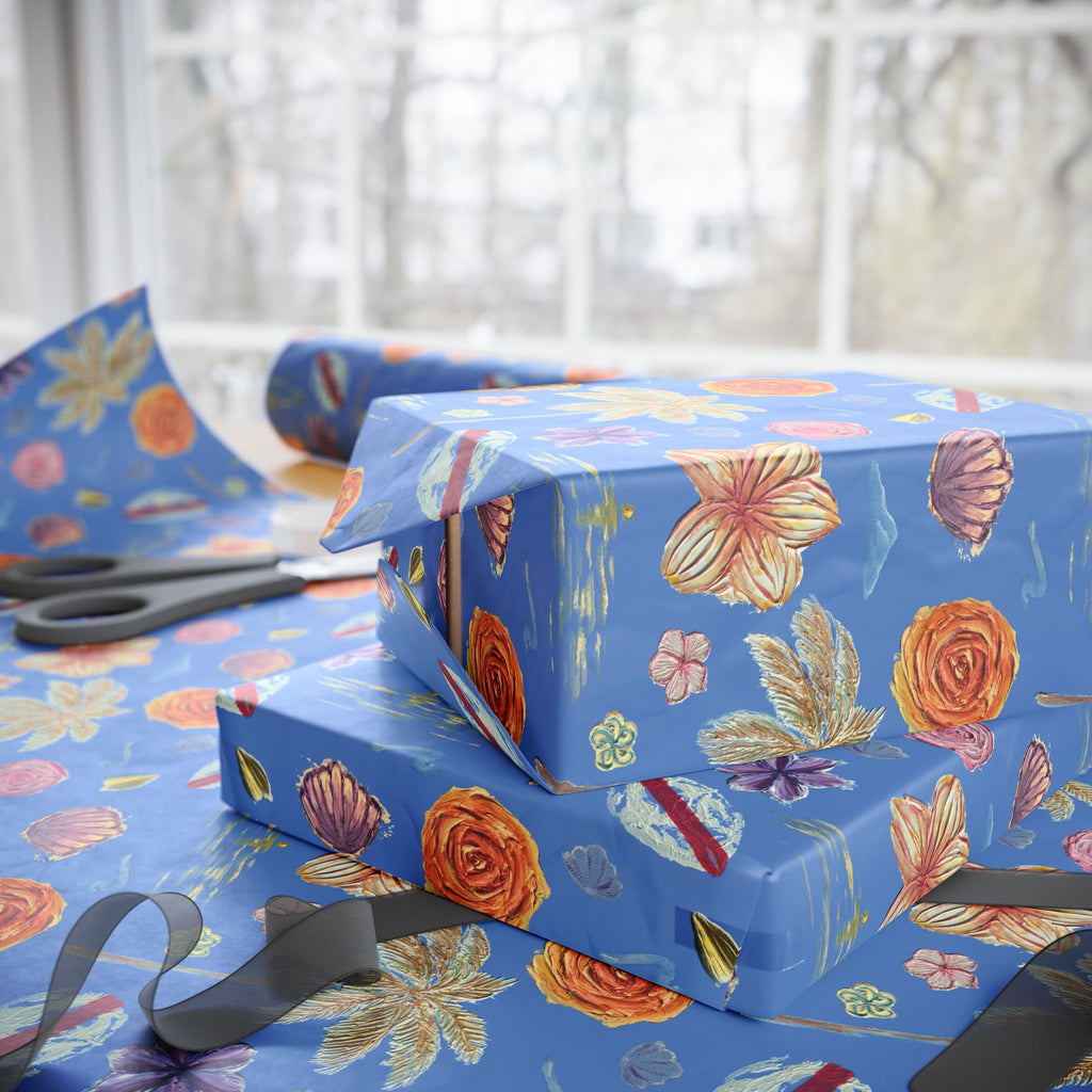 Tropical Floral Blue Gift Wrap — Hand-Painted Flowers & Petals Wrapping Paper