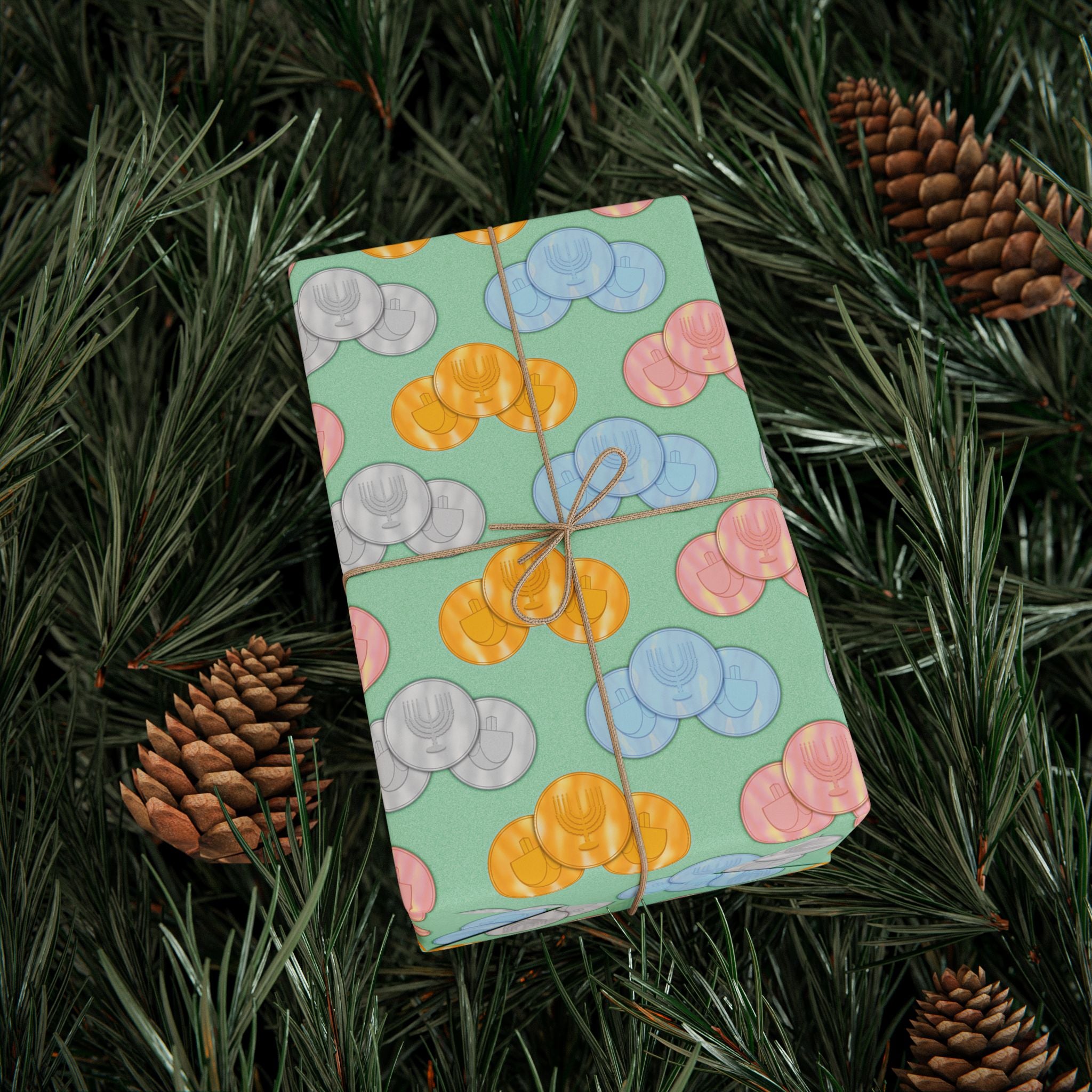Pastel Green Hanukkah Gelt Pattern Wrapping Paper Roll — Pink and Green Gift Wrap