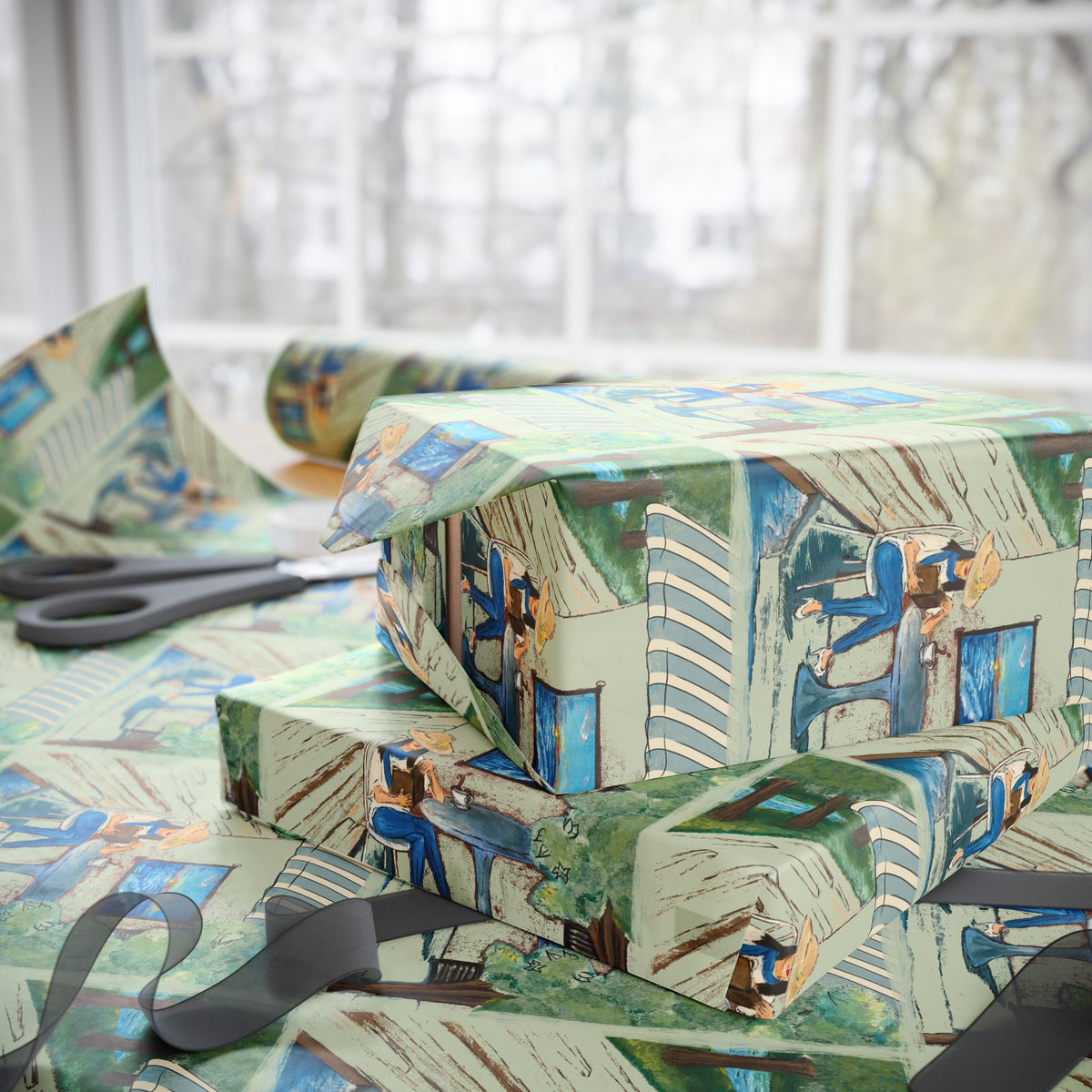 Countryside Cafe Wrapping Paper — Coastal Porch Pattern Gift Wrap (Beach House, Vacation Theme)