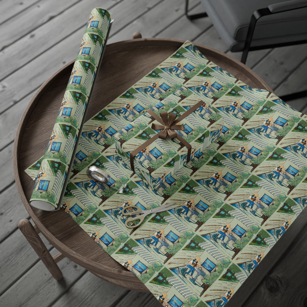 Countryside Cafe Wrapping Paper — Coastal Porch Pattern Gift Wrap (Beach House, Vacation Theme)