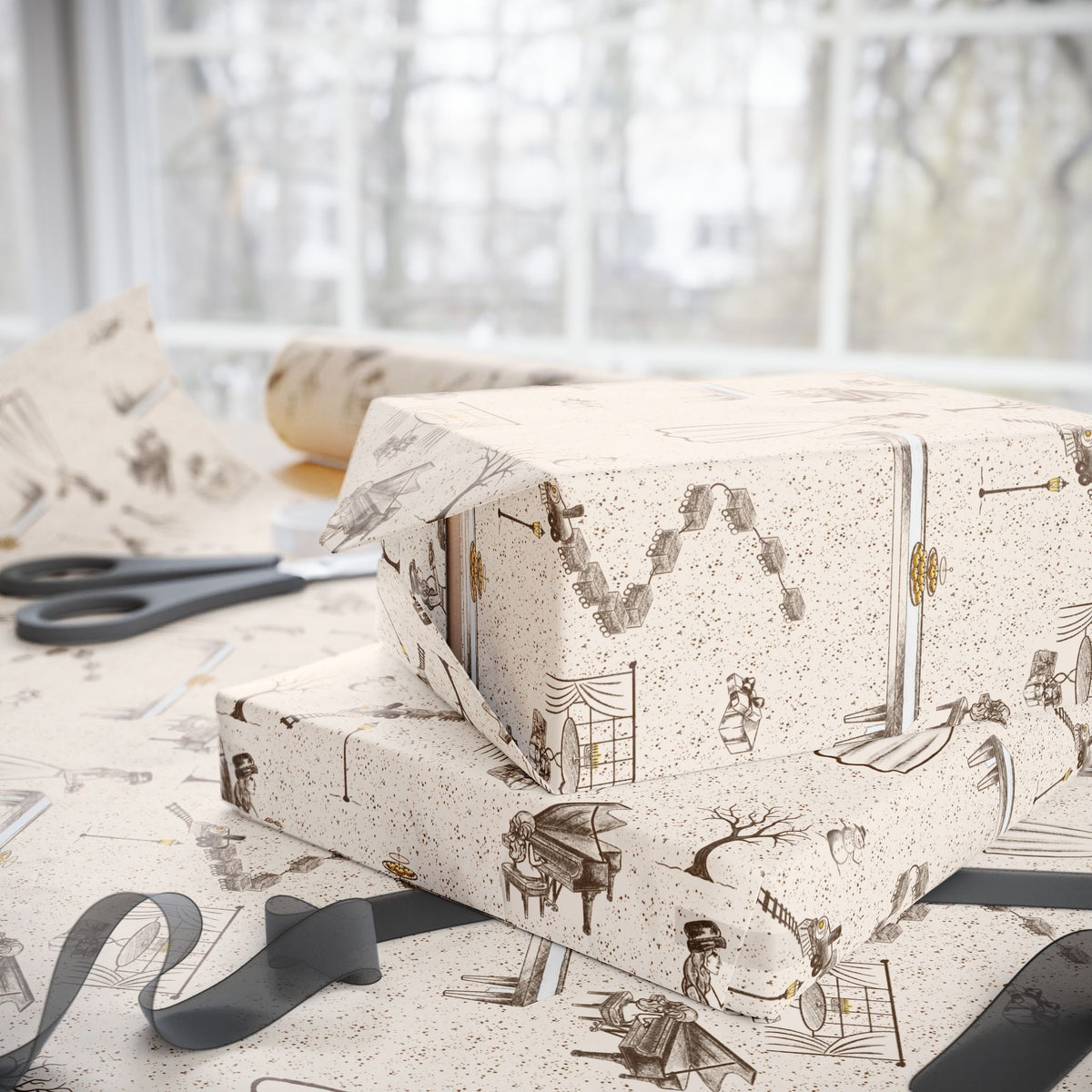 Awaiting Guests, Vintage Hanukkah Pattern Wrapping Paper Retro Menorah and Sufganiyot Design Judaica Gift Wrapping