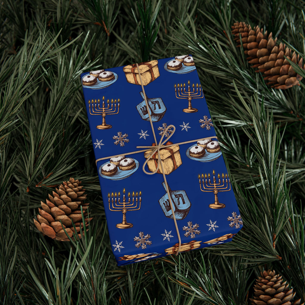 Hanukkah Dreidel and Menorah Pattern Wrapping Paper | Blue Holiday Wrap