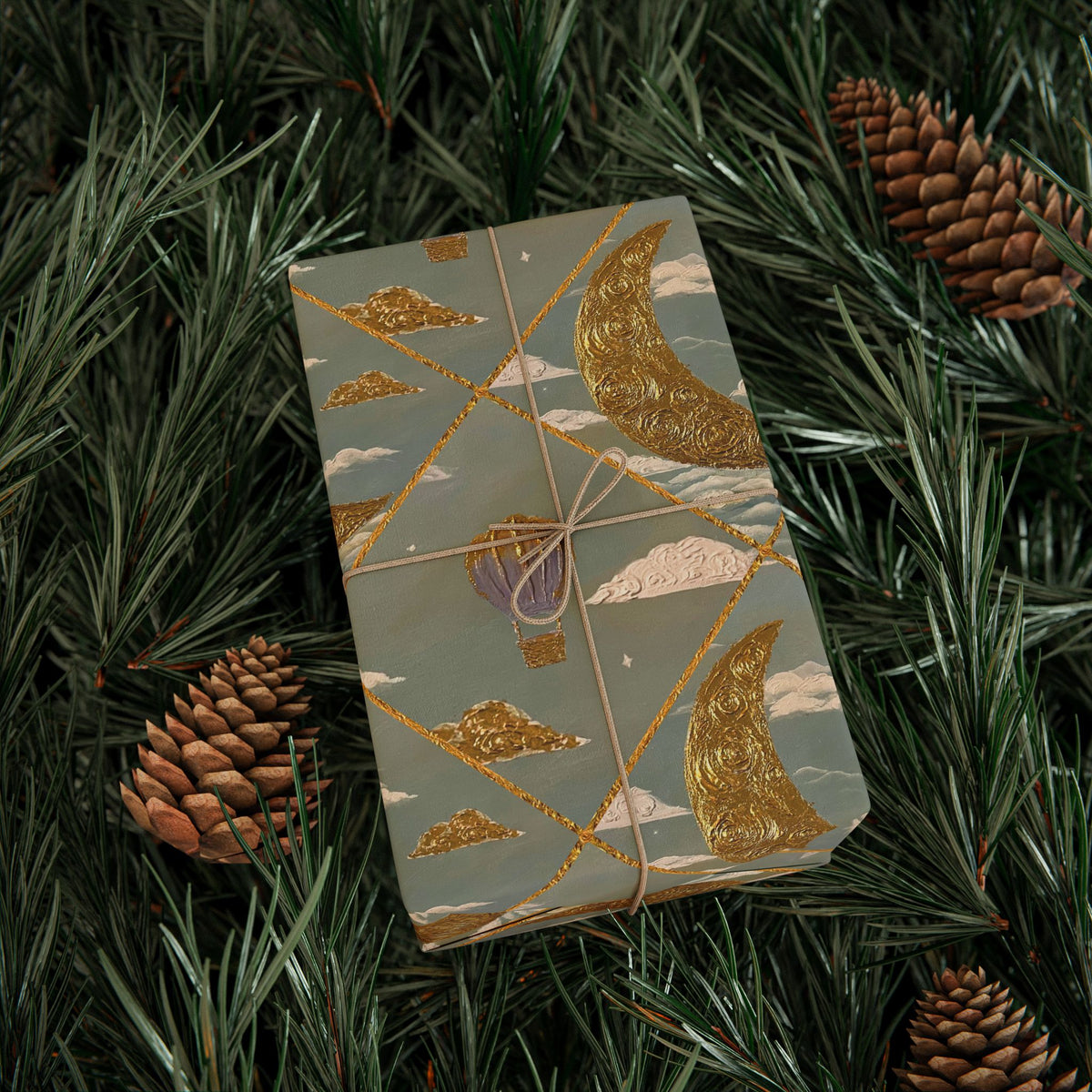 Gold Crescent Moon with Hot Air Balloon Decorative Wrapping Paper Roll, Elegant Gold Foil Gift Wrap for Showers & Holidays