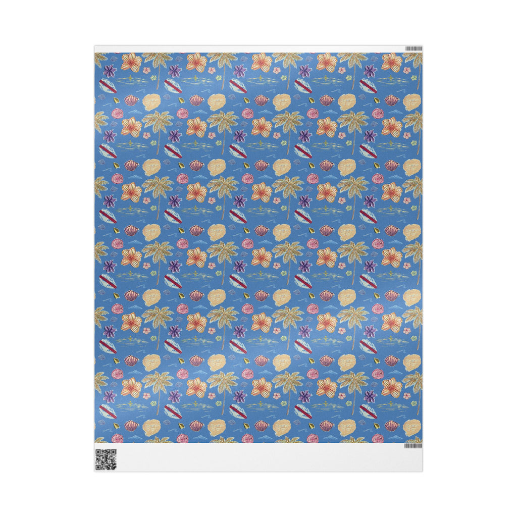 Tropical Floral Blue Gift Wrap, Hand-Painted Flowers & Petals Wrapping Paper
