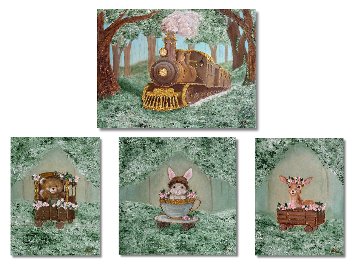 A set of four whimsical art prints featuring woodland characters: a vintage train in a forest, a teddy bear in a flower cart, a bunny in a teacup, and a deer in a flower cart, all on a white background.