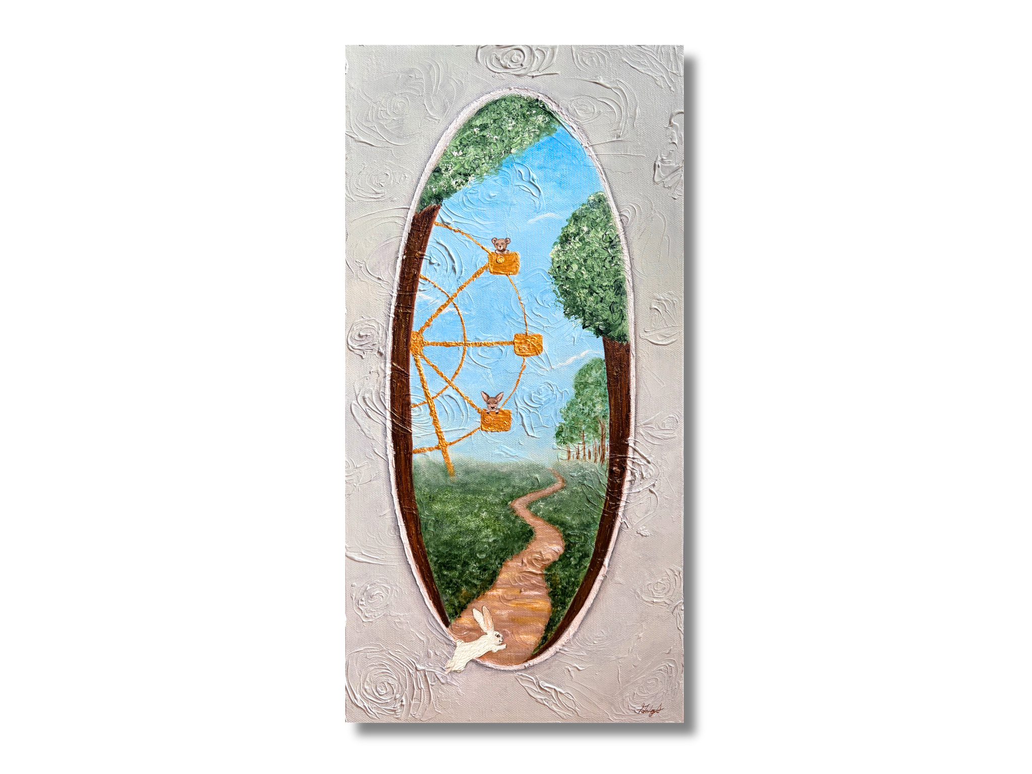 A vertical textured canvas painting featuring an oval window-like frame showing a whimsical outdoor scene with a ferris wheel, trees, a winding path, and a small white rabbit in the foreground, set against a light gray background.