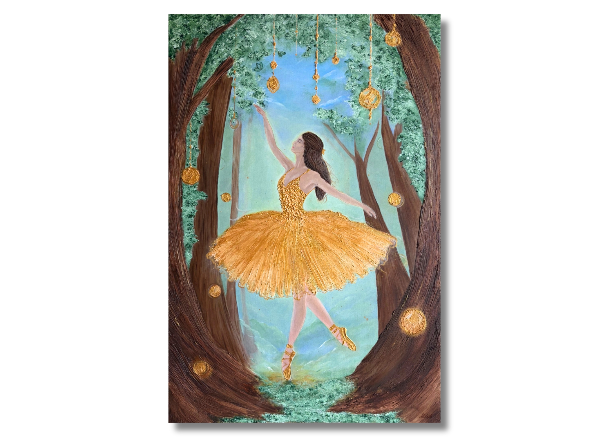 A vertical art print or canvas featuring a whimsical illustration of a ballerina in a golden-yellow tutu dancing among large brown trees with glowing gold orbs against a light blue sky.