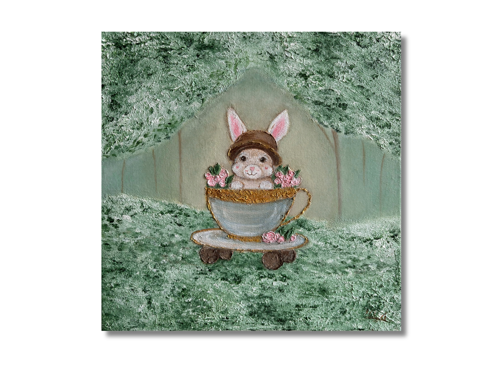 "Bunny's Train Ride" Acrylic on Canvas, 12"by 12"