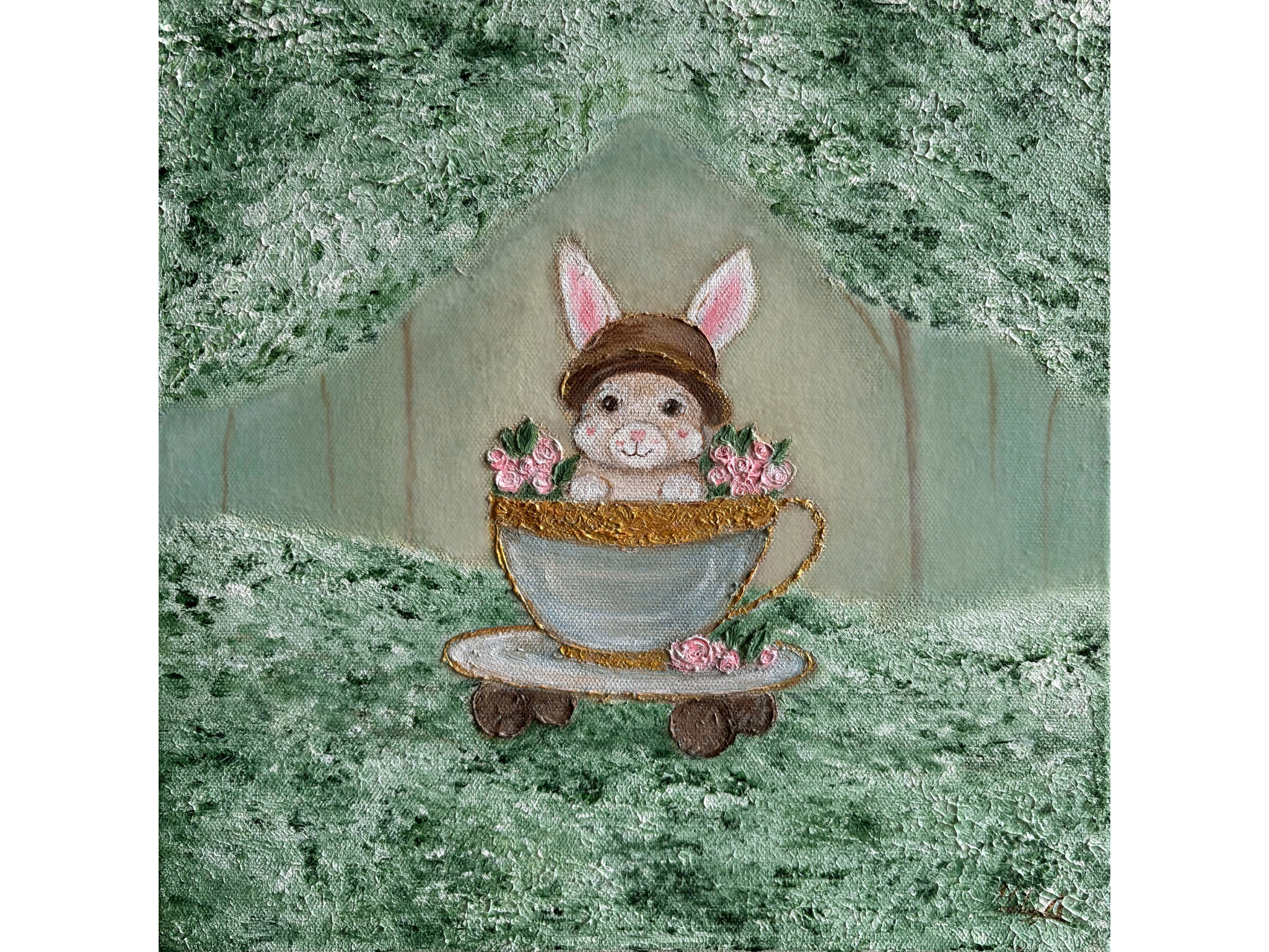 "Bunny's Train Ride" Acrylic on Canvas, 12"by 12"