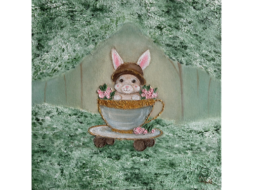 "Bunny's Train Ride" Acrylic on Canvas, 12"by 12"