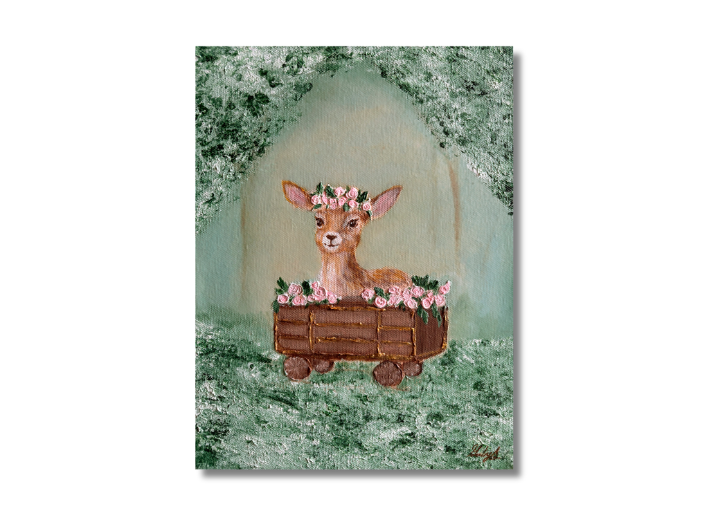 "Little Deer's Train Ride" Acrylic on Canvas, 9"by 12"